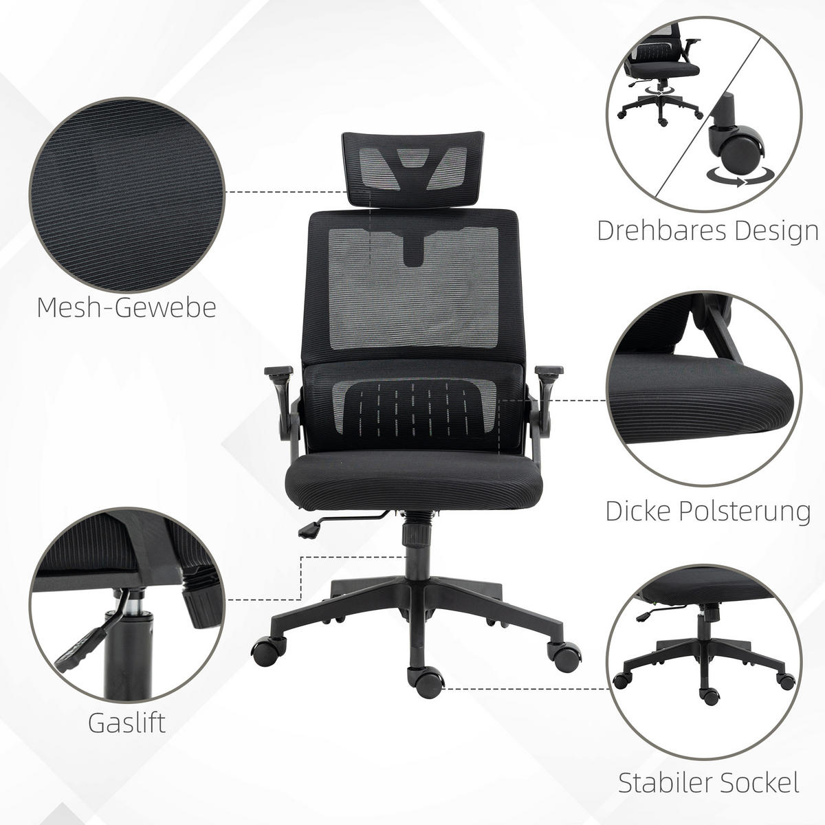GAMINGSTUHL, höhenverstellbar mit Netzrücken, verstellbarer Kopf- und Lendenstütze, 58/61/102-119 cm, Schwarz - Schwarz, Textil (61/119/58cm) - Redom