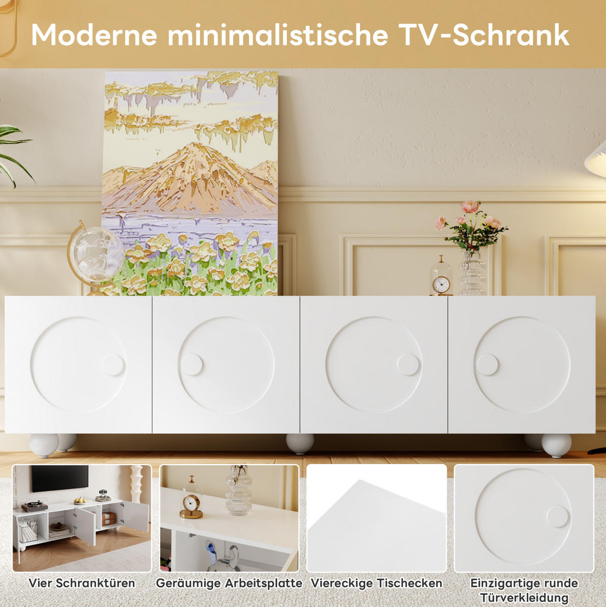 LOWBOARD 180,5/38/50 cm aus MDF und Holzwerkstoff mit 3D-Rundrelief-Türen Weiß - Weiß, Holzwerkstoff (180.5/50/38cm) - Modenvie