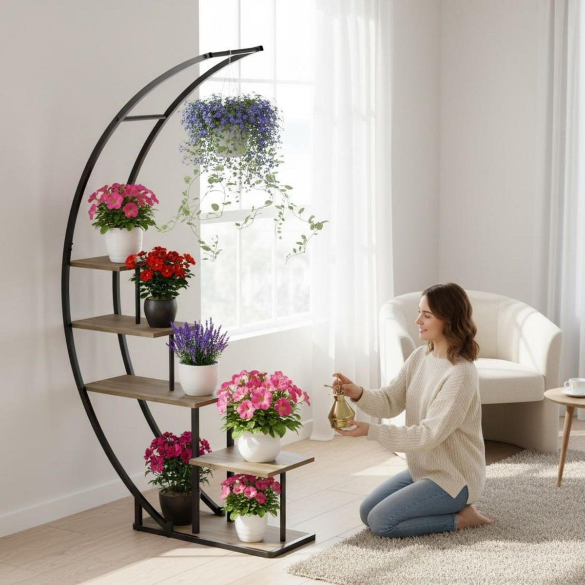 PFLANZENREGAL Indoor Blumenregal 170 cm Hoch Metall Schwarz Halbrund 96699 Blumentreppe - Schwarz, Metall (95/170/30cm) - DanDiBo