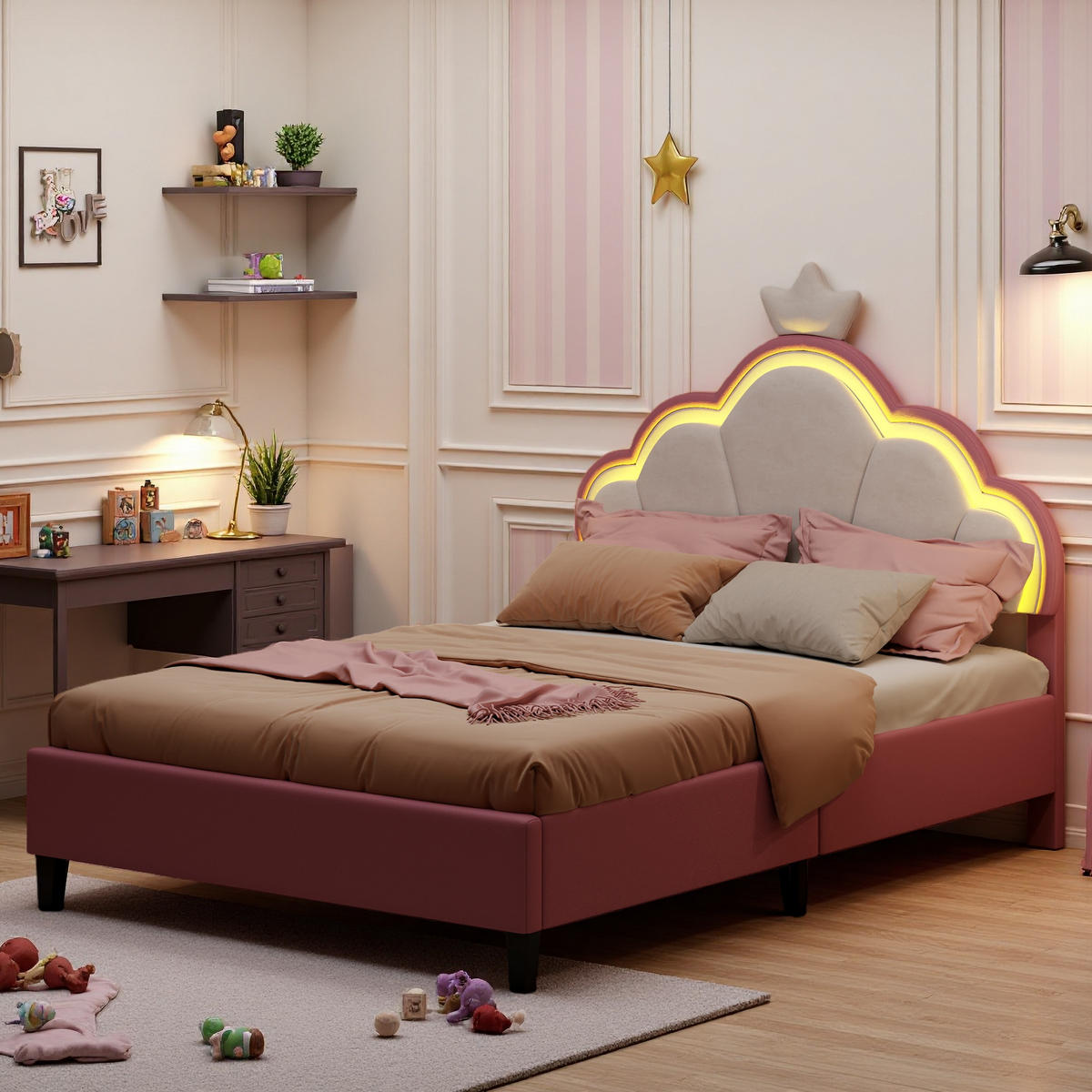 KINDEREINZELBETT 90 x 200 cm, Einzelbett für Mädchen, kronenförmiges Prinzessinnenbett, verstellbares Kopfteil, rosa, Kinderbetten - Pink, Holz (90/200cm) - WoodenAura