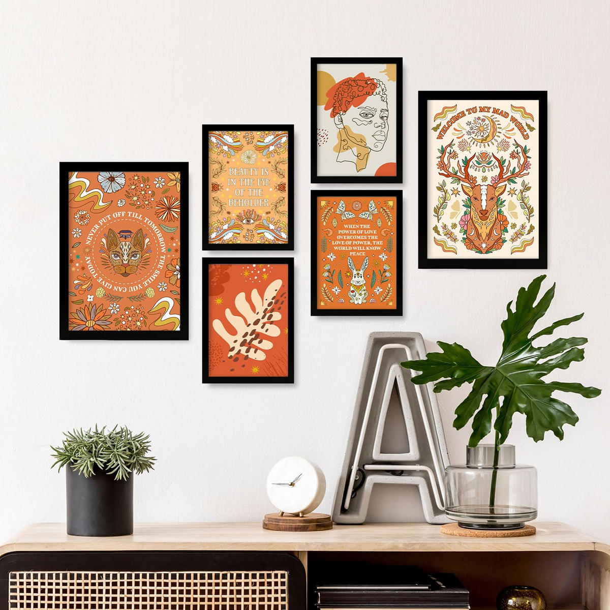 POSTER Set Mit 6 Drucken Von Orange In Brilliant Groovy Style Collection Dekorative Rahmen Für Ihr Zuhause Wandkunstdruck A3 & A4 Schwarzer Rahmen - Schwarz, Papier (29/3cm) - Nacnic