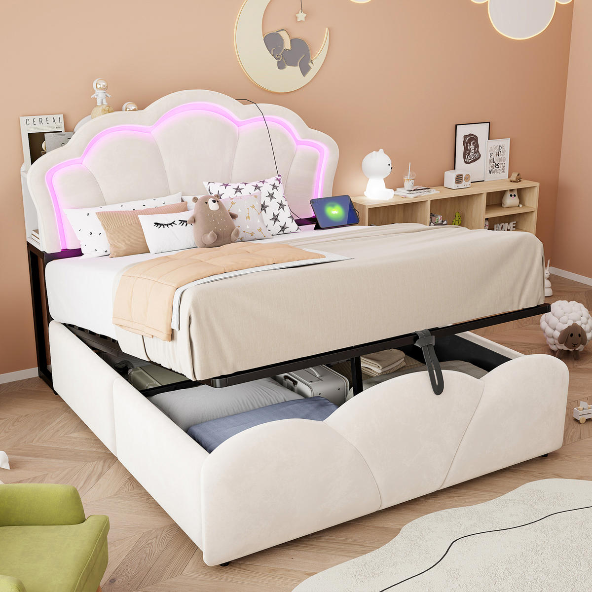 POLSTERBETT 140/200 cm aus Samt mit Stauraum, LED und Steckdosen Beige - Beige, Textil (140/200cm) - OKMYHOME