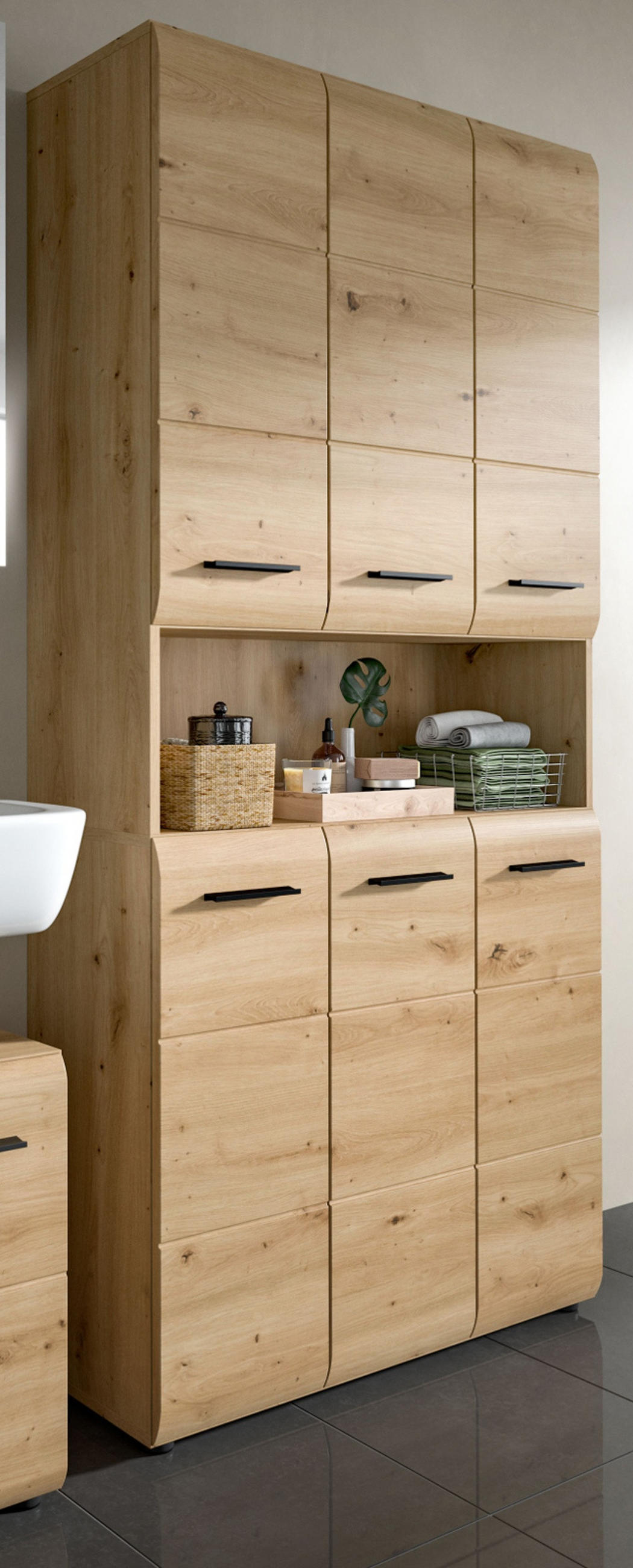 HOCHSCHRANK Artisan Eiche, Badschrank Mehrzweckschrank 90 x 185 cm, Cover - Schwarz/Eiche Artisan, Holzwerkstoff/Kunststoff (90/185/30cm) - Inn.Furn