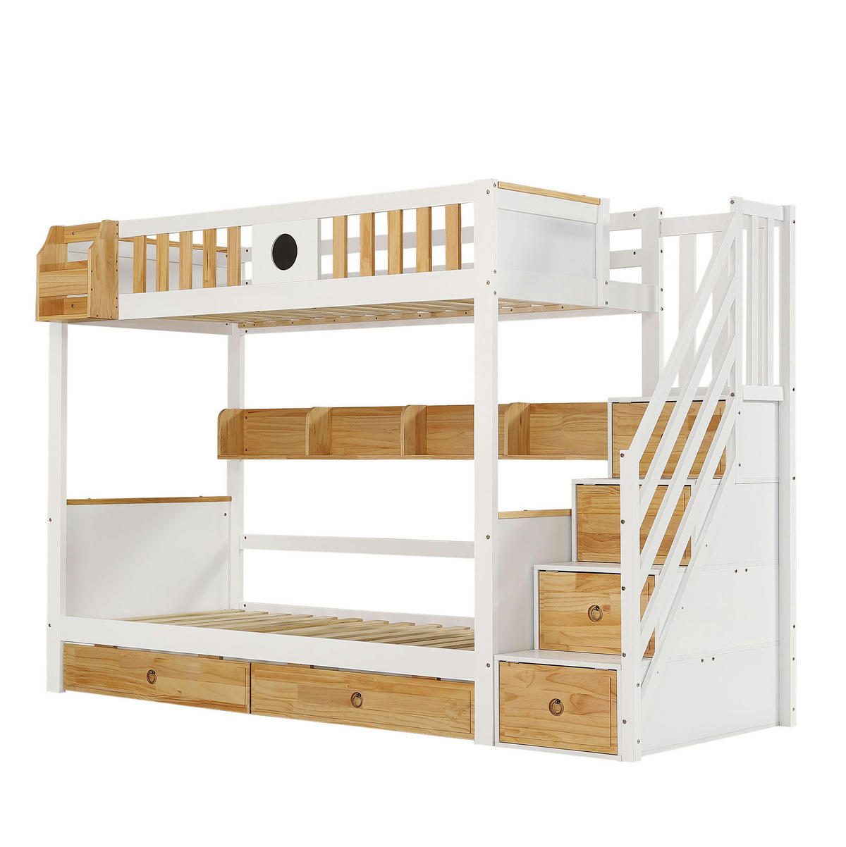 ETAGENBETT aus Kiefer und MDF 90x200 cm Weiß/Natur mit Stauraumtreppe, 2 Schubladen und Fallschutzgitter - Weiß, Holzwerkstoff (90/200cm) - Modfu