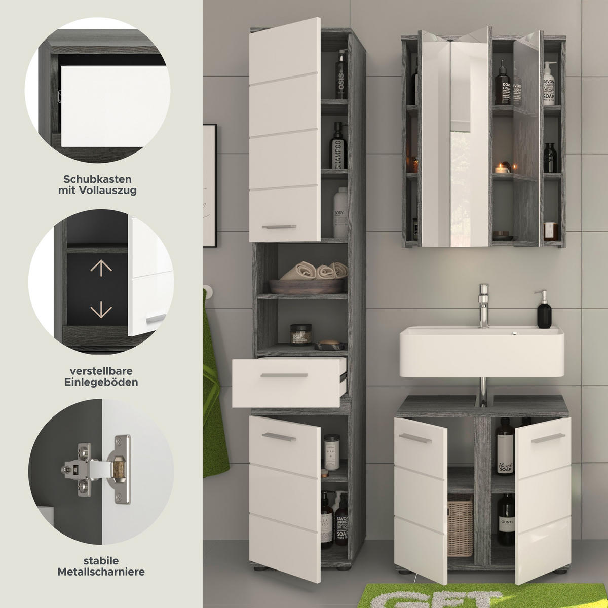 BADKOMBINATION 3tlg. Blake Bad in Rauchsilber Nachbildung und weiß hochglanz B/H/T: 114x191x34 cm - Anthrazit, Holz (114/191/34cm)