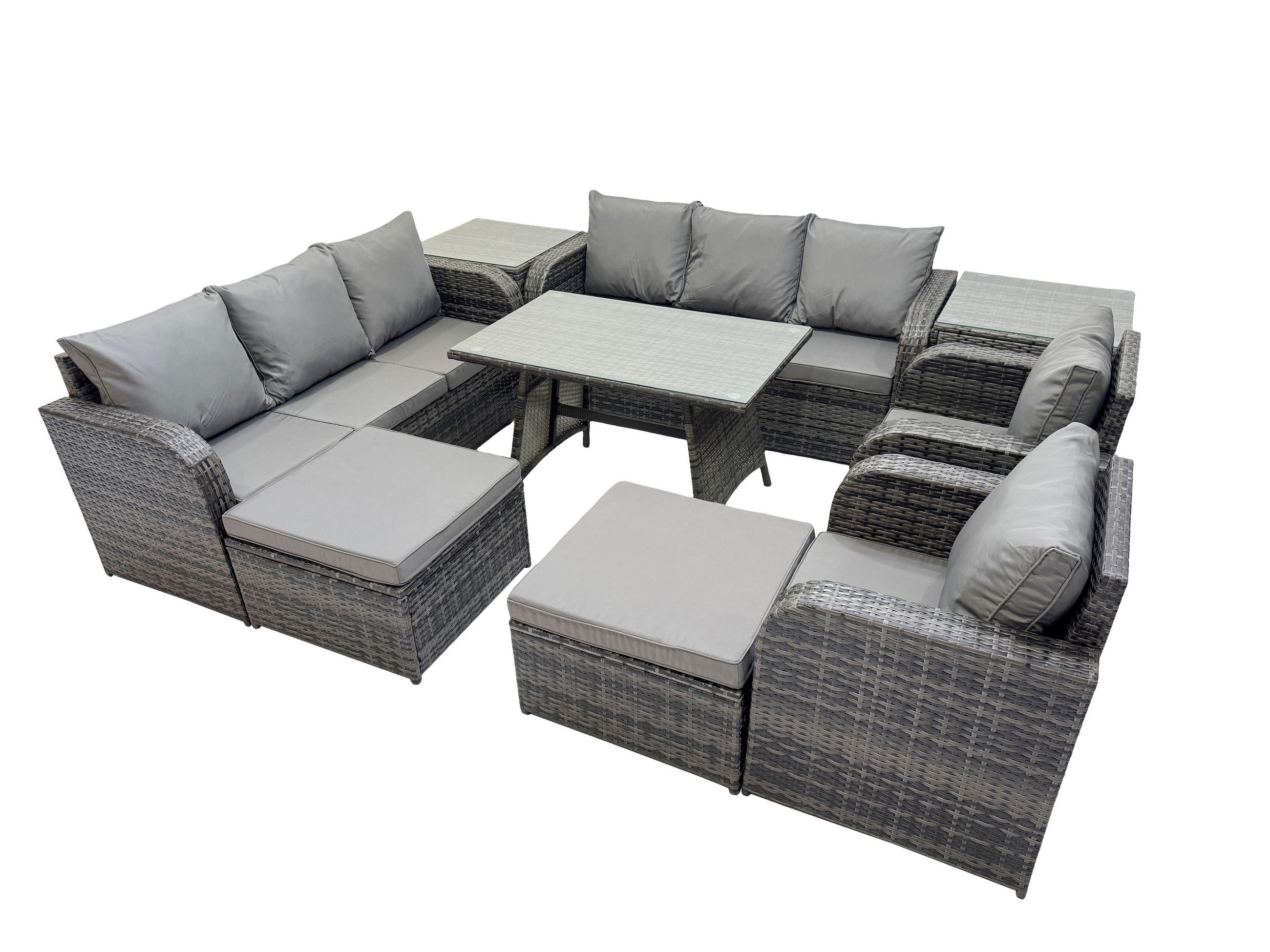 GARTENSET Hohe Rückenlehne Polyrattan 10-Sitzer - Dunkelgrau/Grau, Glas/Kunststoff - Fimous