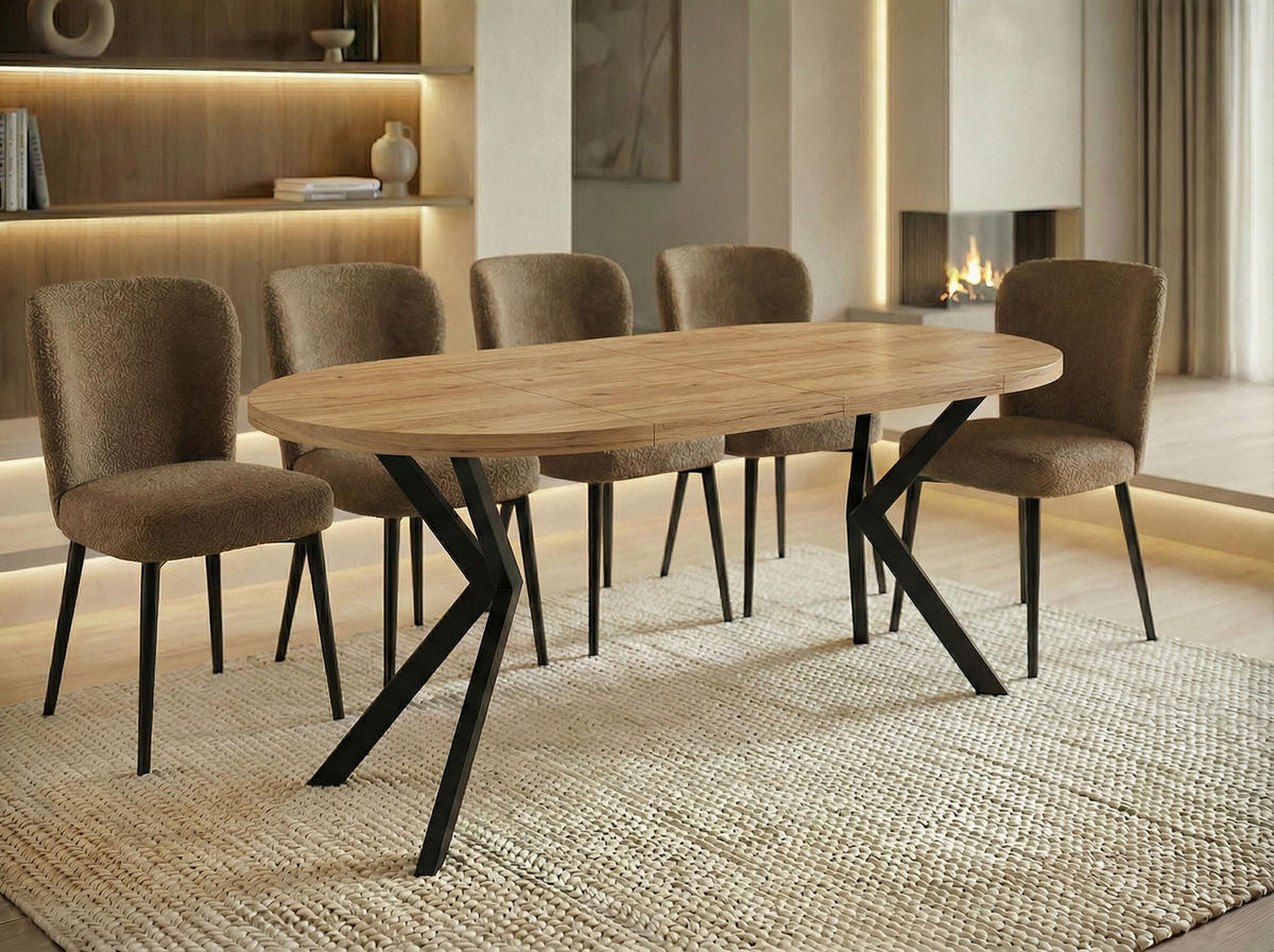 ESSTISCH Valeo runder ausziehbarer, Craft Eiche 120-200/120/76 cm - Eiche Wotan/Schwarz, Holzwerkstoff/Metall (120/120/76cm) - WFL GROUP