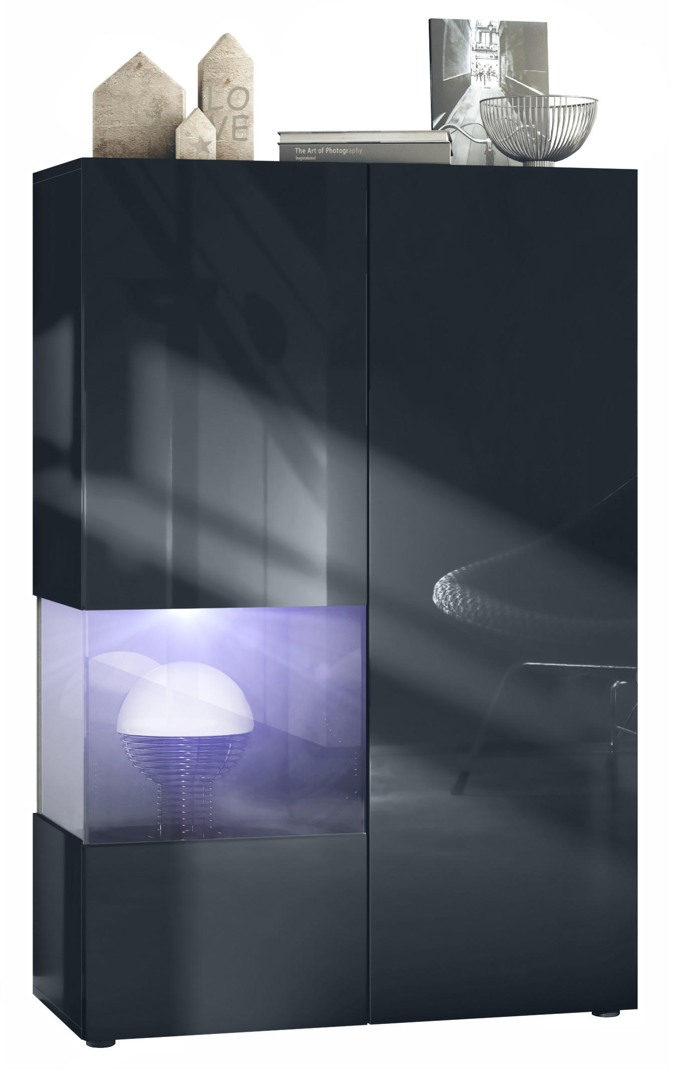 VITRINE Morena Einsatz in Schwarz Hochglanz - Schwarz Hochglanz, Holzwerkstoff (91.5/136.5/37cm) - Vladon