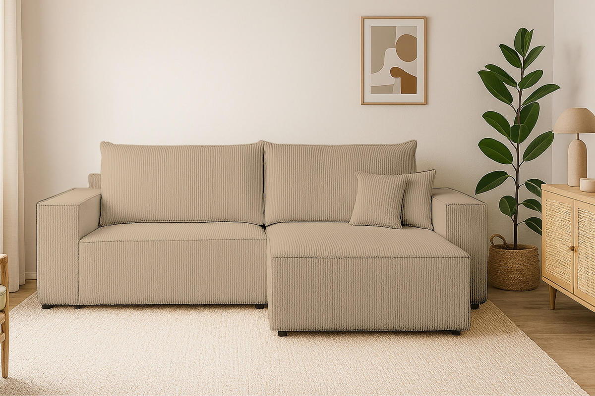 ECKSOFA MATT 255/153 cm rechts in Cord Beige - Beige/Schwarz, Holz/Holzwerkstoff (255/153cm) - Deine Möbel 24