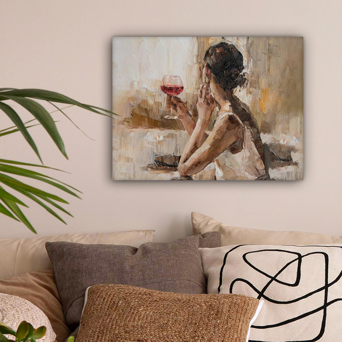 LEINWANDBILD Ölgemälde - Frau - Wein Wandbild 40x30 cm - Hellbraun, Textil (40/30cm) - MuchoWow