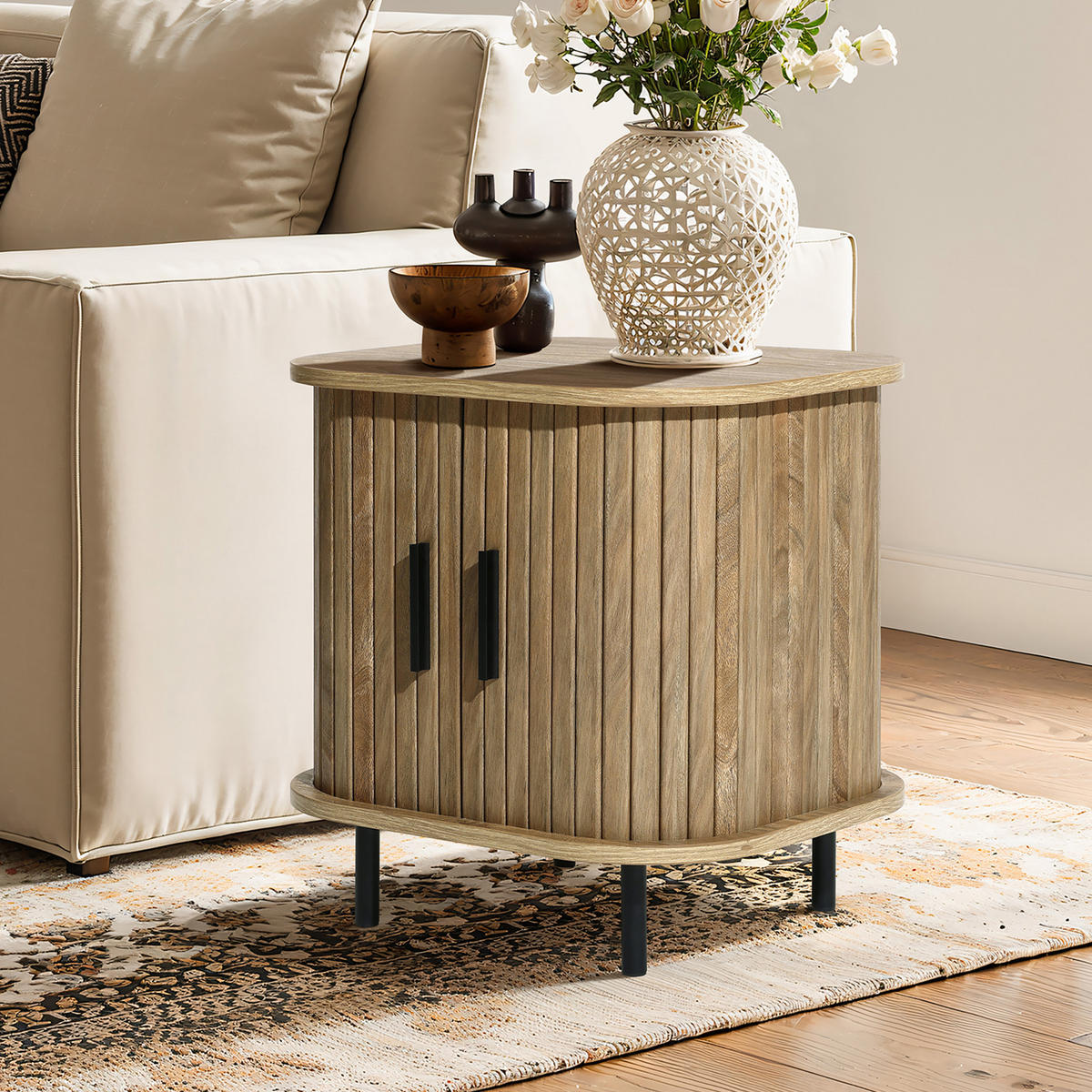 NACHTTISCH Mid-Century mit Rolltür, Holz | B45 x T40 x H48 cm - Braun, Holzwerkstoff (45/48/40cm) - Hometopia