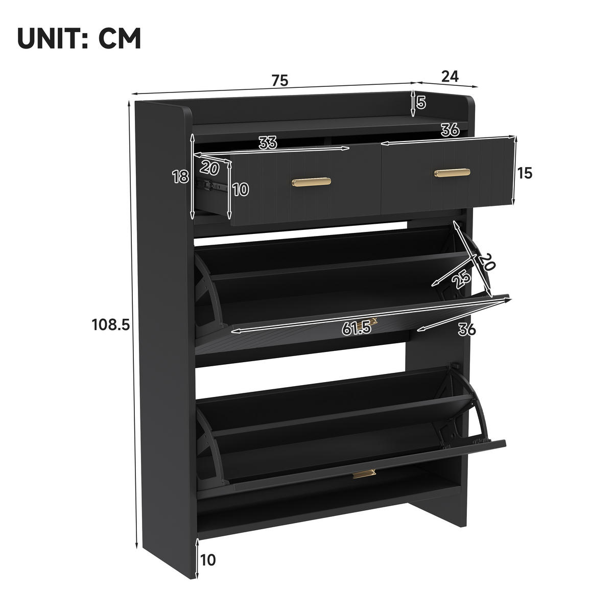 BOTNÍK úzký se 2 výklopnými přihrádkami a zásuvkami, moderní - černá, kompozitní dřevo (75/108.5/24cm) - Urban Meuble