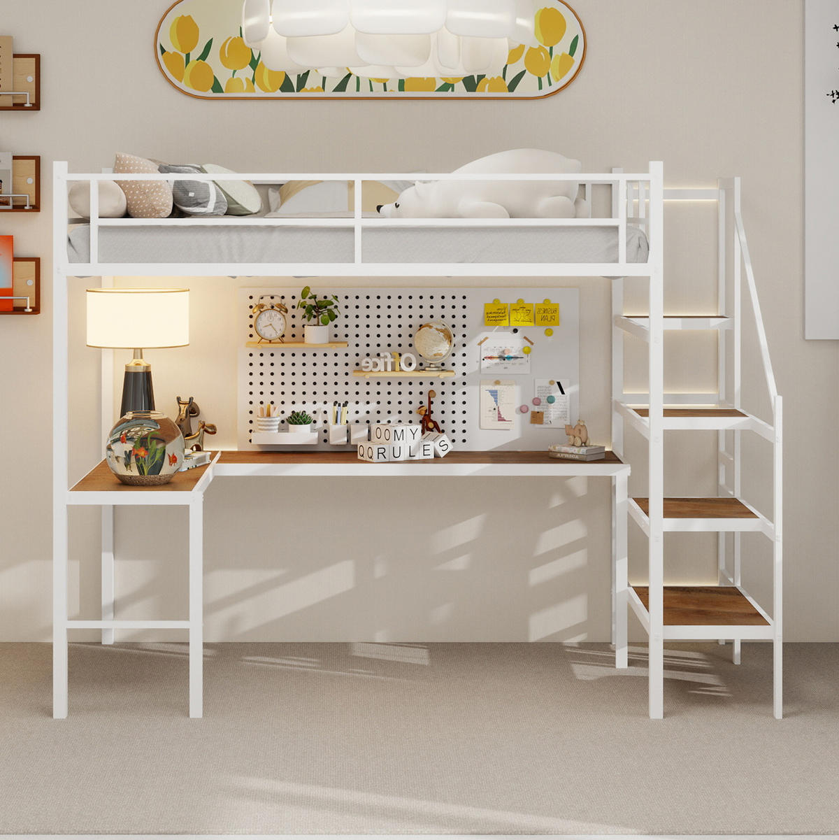 VYSOKÁ posteľ 90/190 cm biela zo železa s L stolom, úložnými schodmi a celistvým zábradlím - biela, kov (90/200cm) - OKWISH