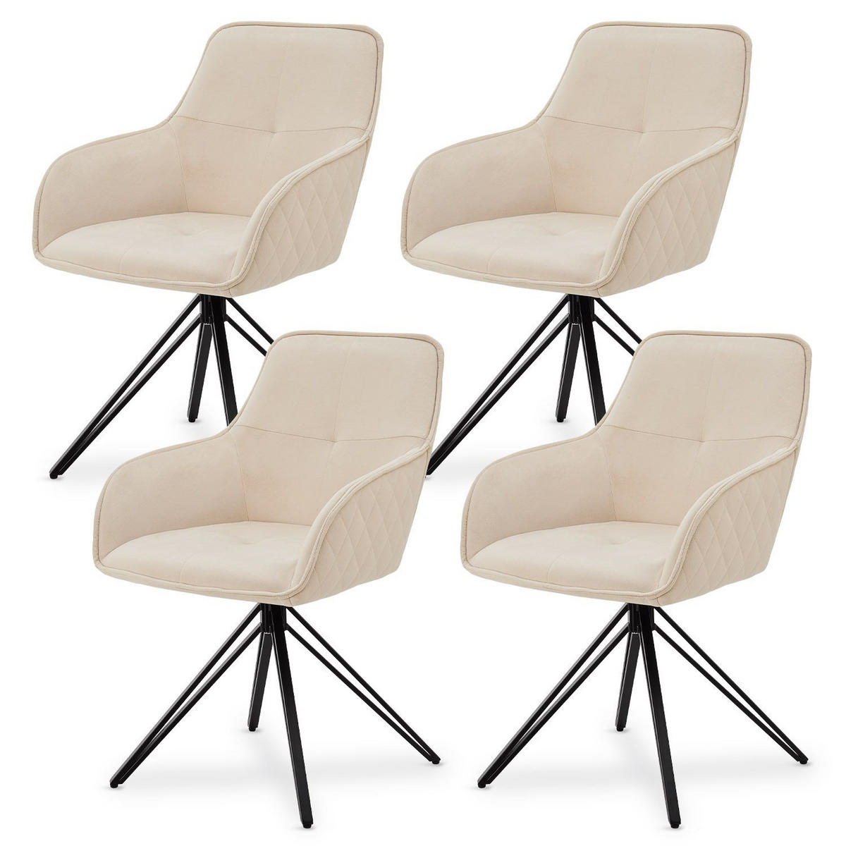 DREHSTUHL Clyde Samt beige mit Armlehne (4er-Set) - Beige, Textil (57/85/61cm) - Juskys