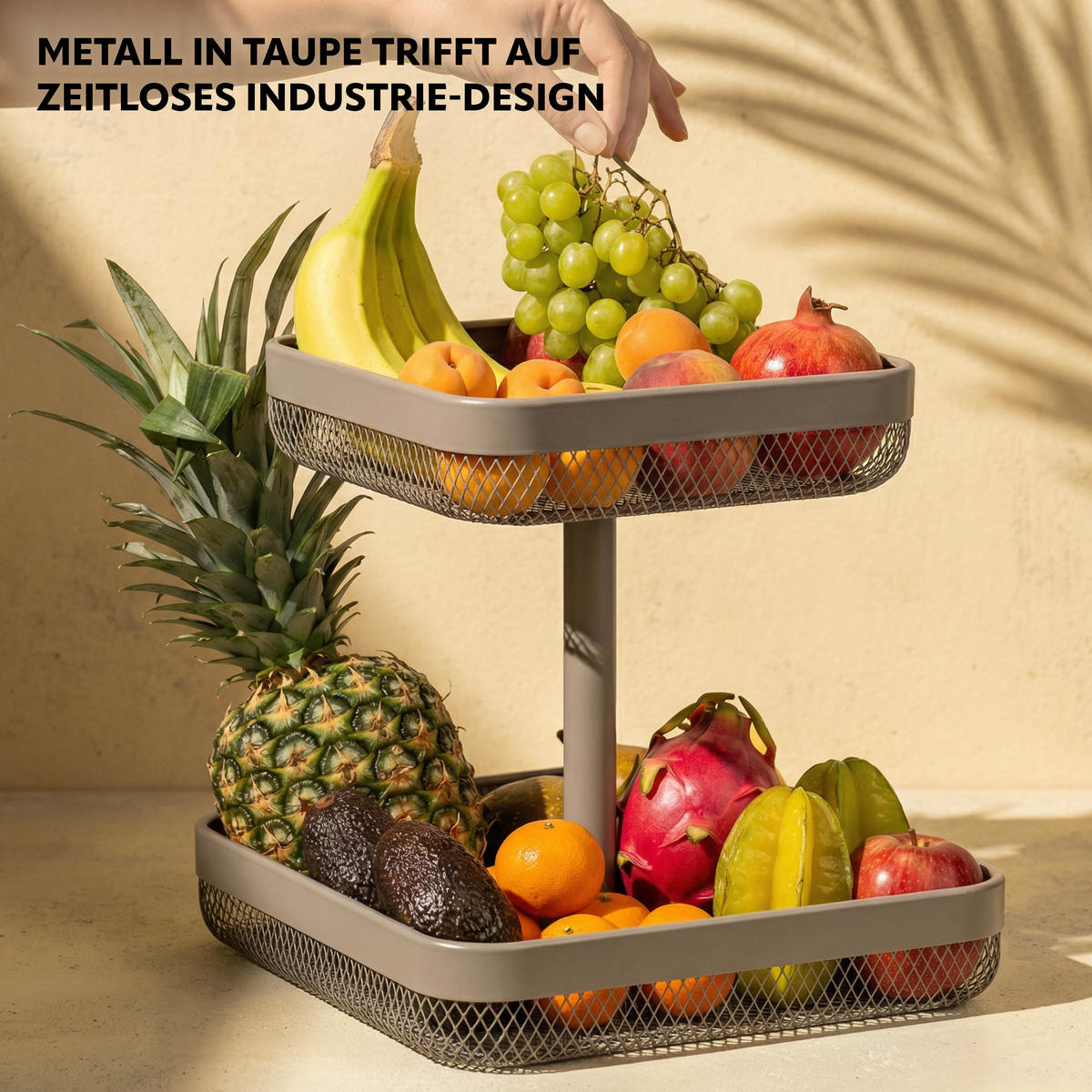 OBSTETAGERE eckig, 2-stöckig, 20 x 20 cm und 30 x 30 cm, taupe, Metall - Taupe, Metall (31cm) - eluno