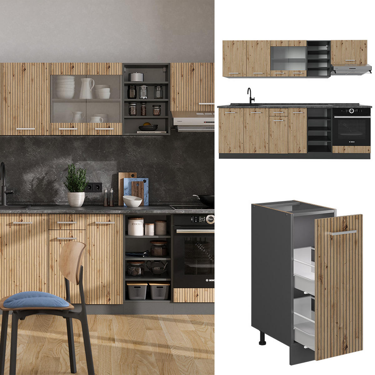 KÜCHENZEILE R-Line Artisan Eiche/Anthrazit 240 cm, AP Anthrazit - Anthrazit/Eiche Artisan, Holzwerkstoff (240/81.6/60cm) - Vicco