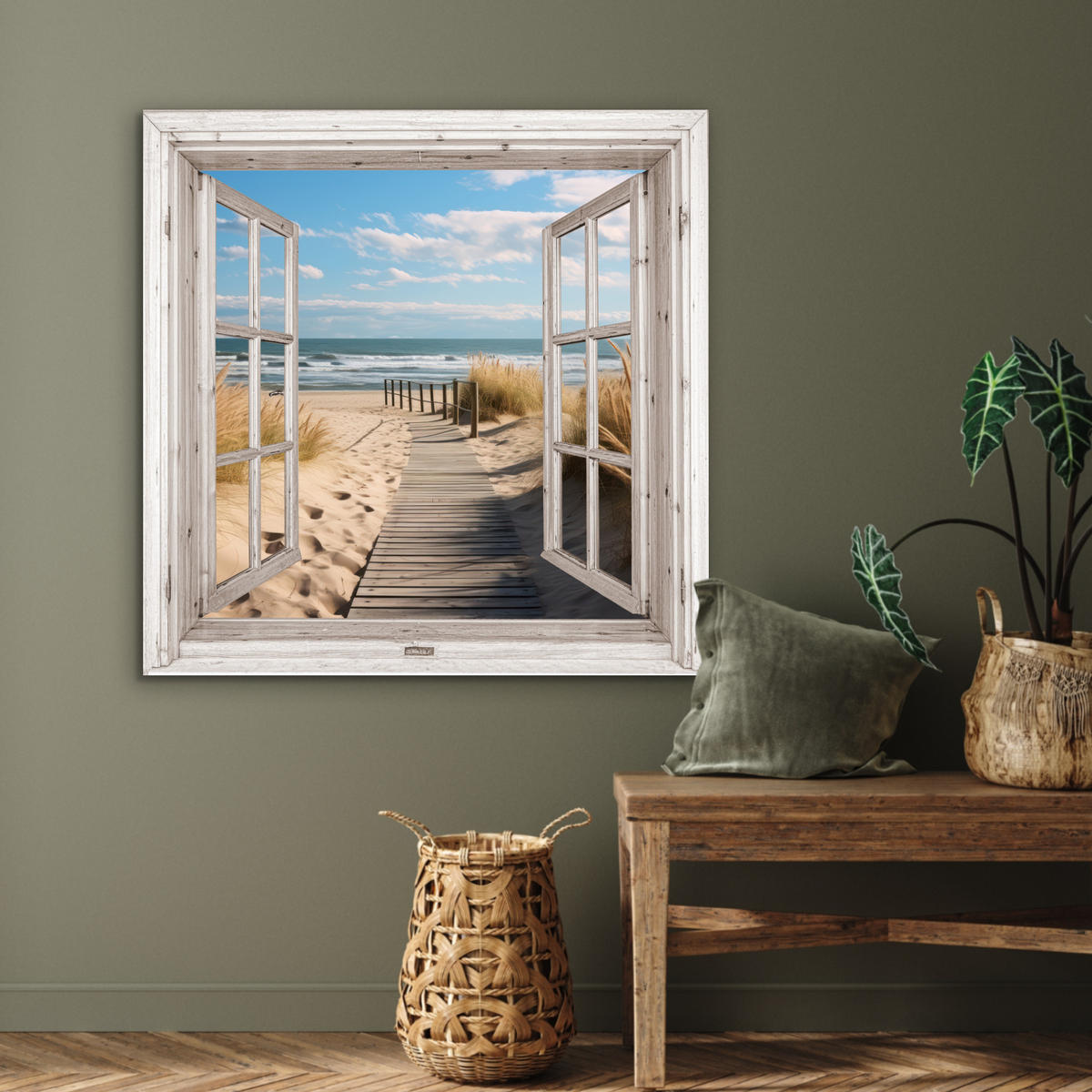 KOVOVÝ OBRAZ Okno - more - pobrežie - príroda - výhľad - pláž - Waddenské more 90x90 cm - béžová, kov (90/90cm) - MuchoWow