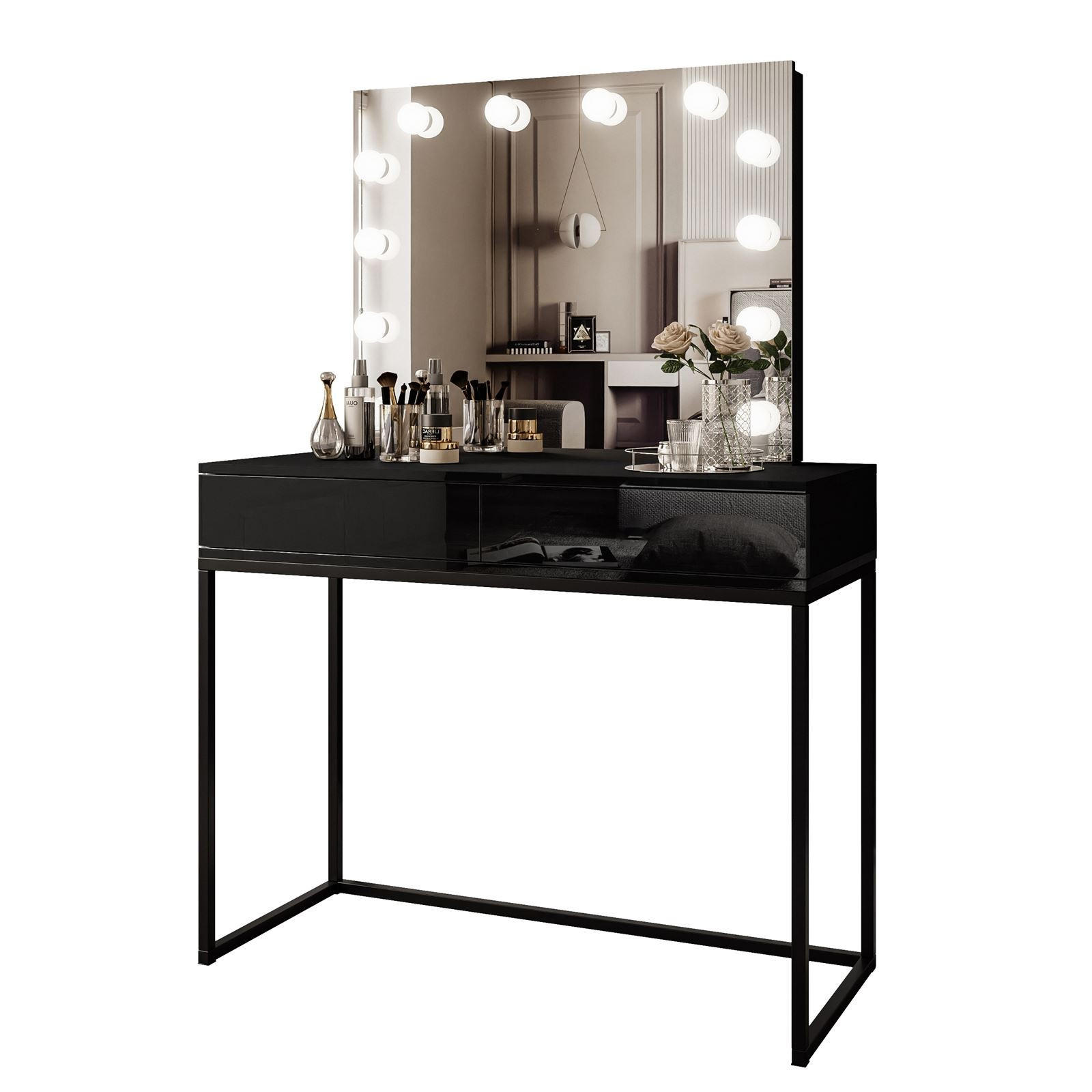 SCHMINKTISCH BLANCO LOFT ELITE mit Spiegel und Beleuchtung Schwarz Hochglanz PUSH OPEN - Schwarz Hochglanz/Schwarz, Holzwerkstoff (100/146/42cm) - Lookway