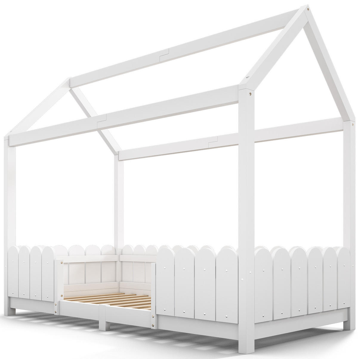 HAUSBETT 90/200 cm in Weiß – mit Dach und Rausfallschutz - Weiß, Holz (90/200cm) - BEAOK