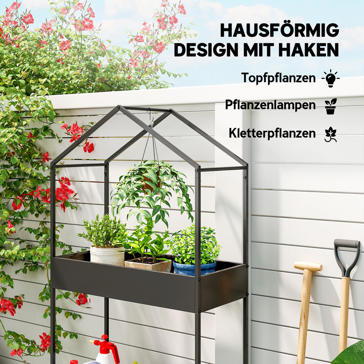 2-ETAGEN Pflanzenständer in Hausform, 150 cm hoch Blumenständer mit Haken - Schwarz, Kunststoff/Metall (35/150/75cm) - Outsunny