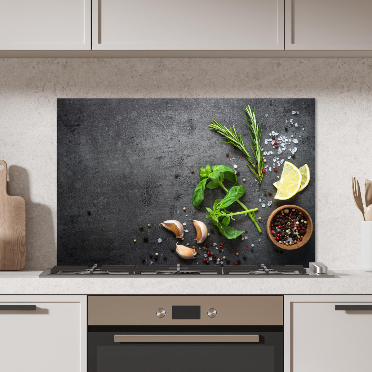 SPRITZSCHUTZ KÜCHE Limette - Kräuter - Gewürze - Grün - Grau - Beton 90x60 cm - Grün, Metall (90/0.3/60cm) - MuchoWow