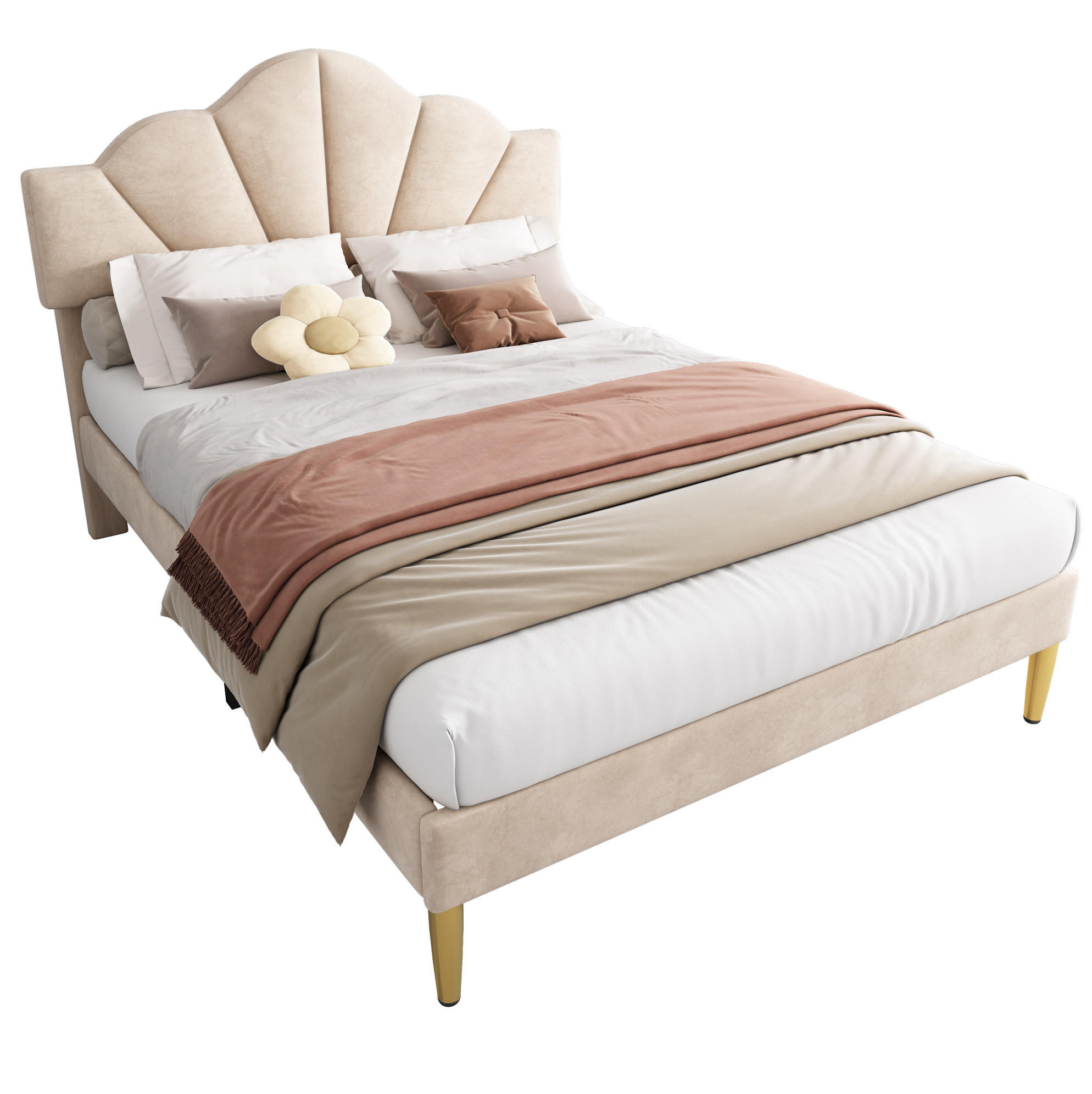 POLSTERBETT 140/200 cm beige aus Samt mit höhenverstellbarem Kopfteil - Beige, Textil (140/200cm) - OKWISH