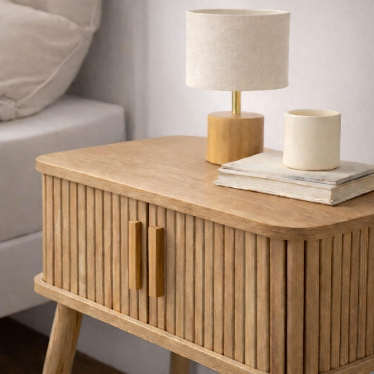 NACHTTISCH mit Eichenmuster 2 Schiebetüren H59 cm - Ernest - Eschefarben, Holzwerkstoff (35/58.5/38.5cm) - Calicosy