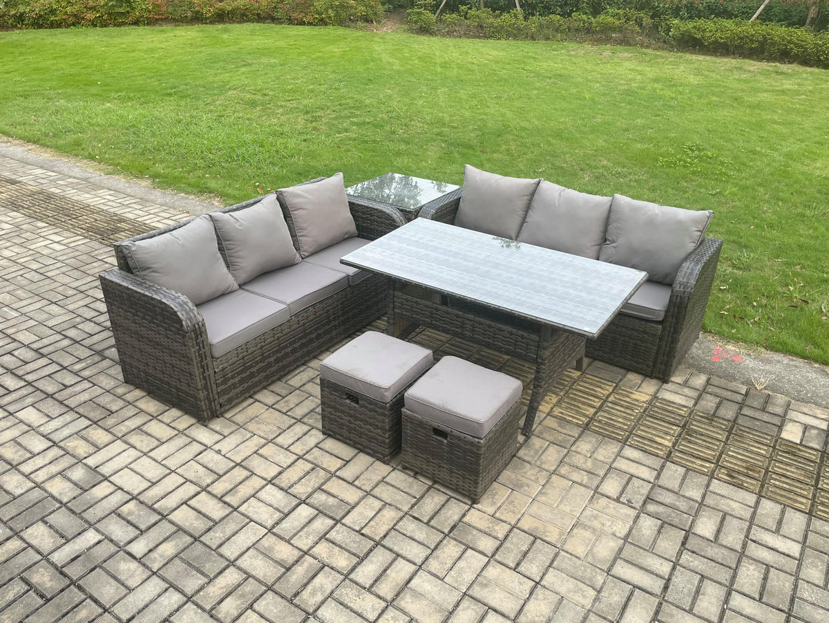 GARTENTISCHGRUPPE mit Beistelltisch,2 Hockern Polyrattan Dunkelgrau 8-Sitzer - Dunkelgrau/Grau, Glas/Kunststoff - Fimous