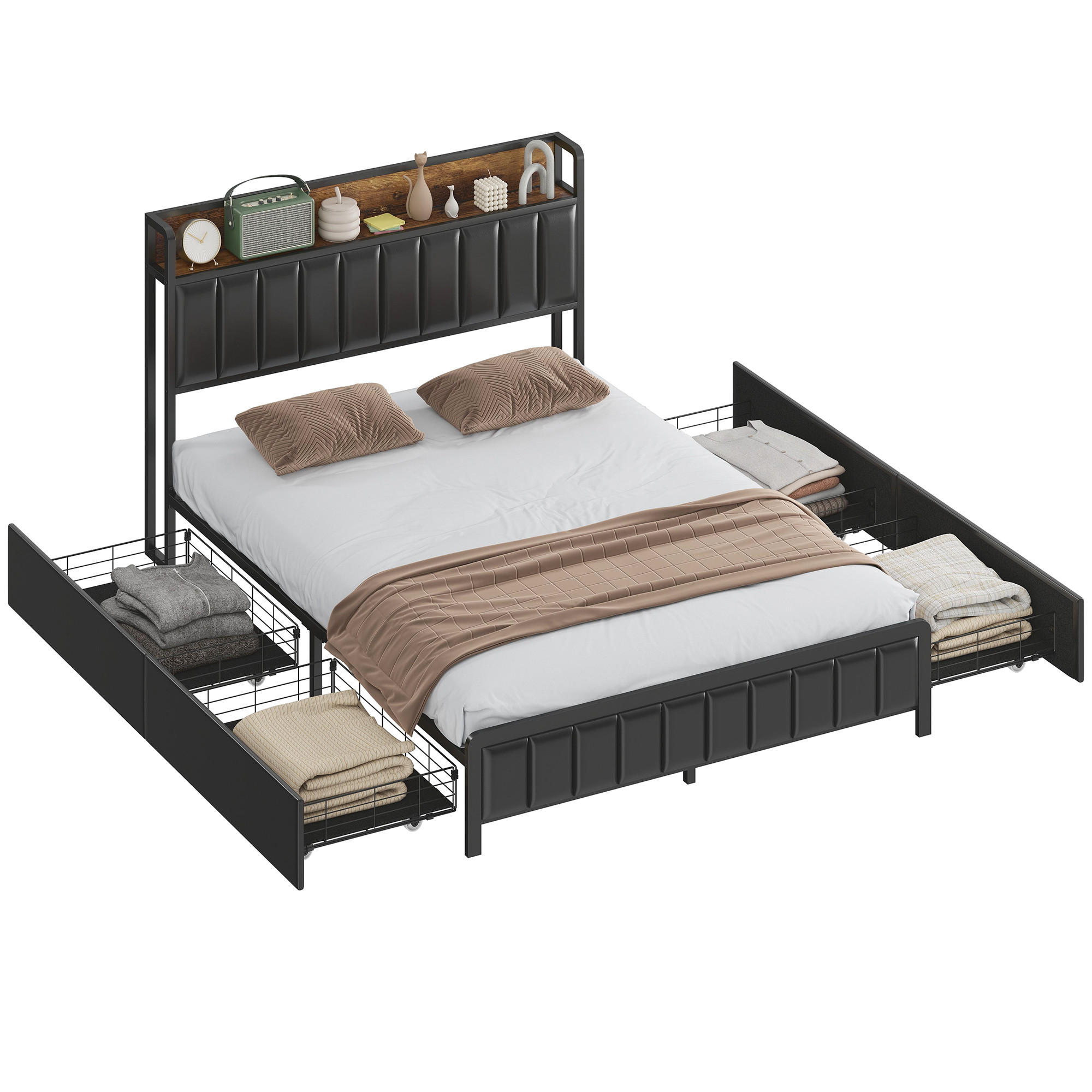 BETT 140x190 cm DE-14672 mit 4 Schubladen & Ablage Schwarz - Schwarz, Metall (140/190cm) - ComfortXL