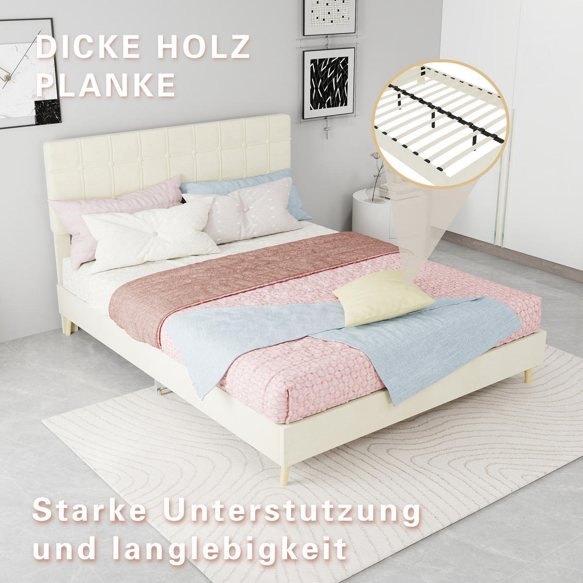 POLSTERBETT 140/200 cm in Beige aus Samt mit gepolstertem Kopfteil - Beige, Textil (140/200cm) - Flora Grace
