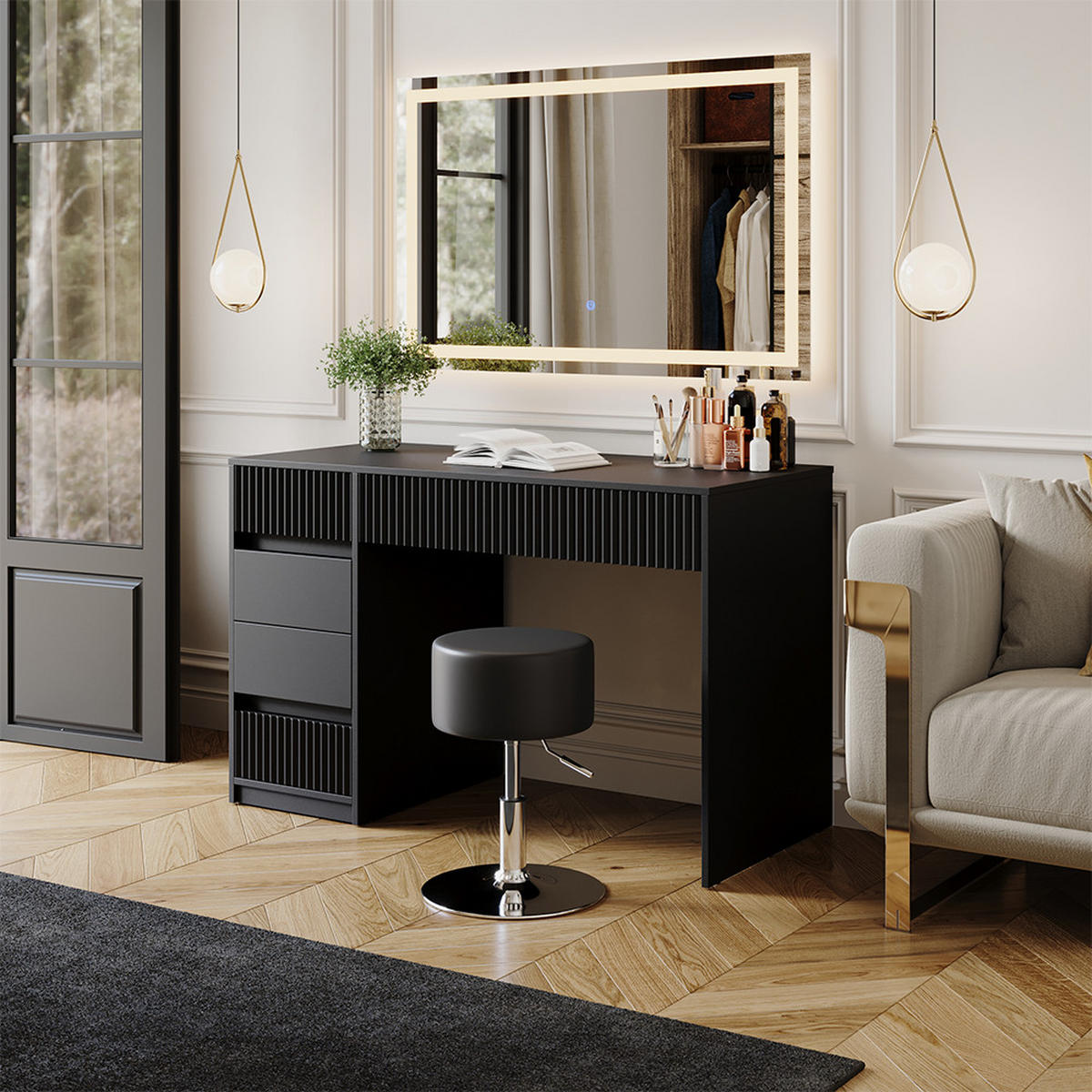 SCHMINKTISCH Omira Schwarz 120 cm mit LED-Spiegel und Hocker - Schwarz, Holzwerkstoff (120/76/55cm) - Vicco