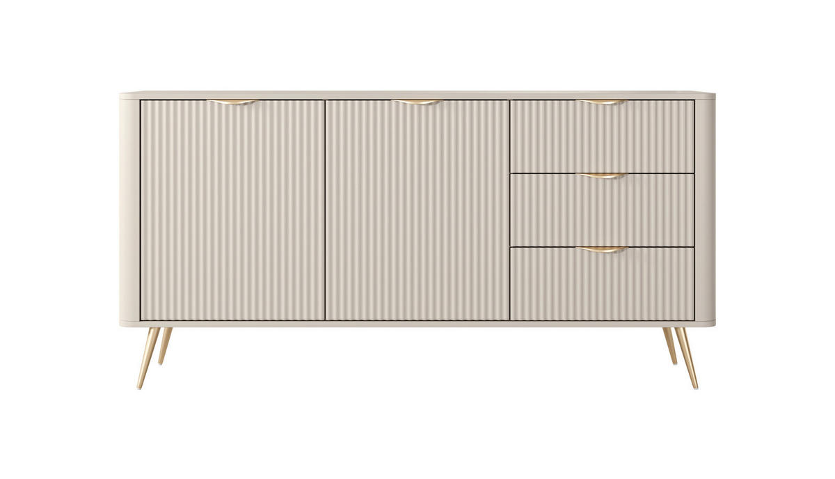SIDEBOARD Flore 163 cm Beige / Gold - mit 3 Schubladen und 2 Türen - Riffel-Optik - Beige/Gelb, Holz/Holzwerkstoff (163/81/38cm) - Ravio