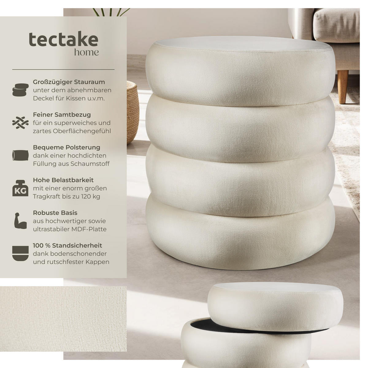 SITZHOCKER mit Stauraum Altu,42 x 42 x 47 cm,Samtoptik creme-weiß - Weiß/Samtahornfarben, Holz (42/47/42cm) - tectake