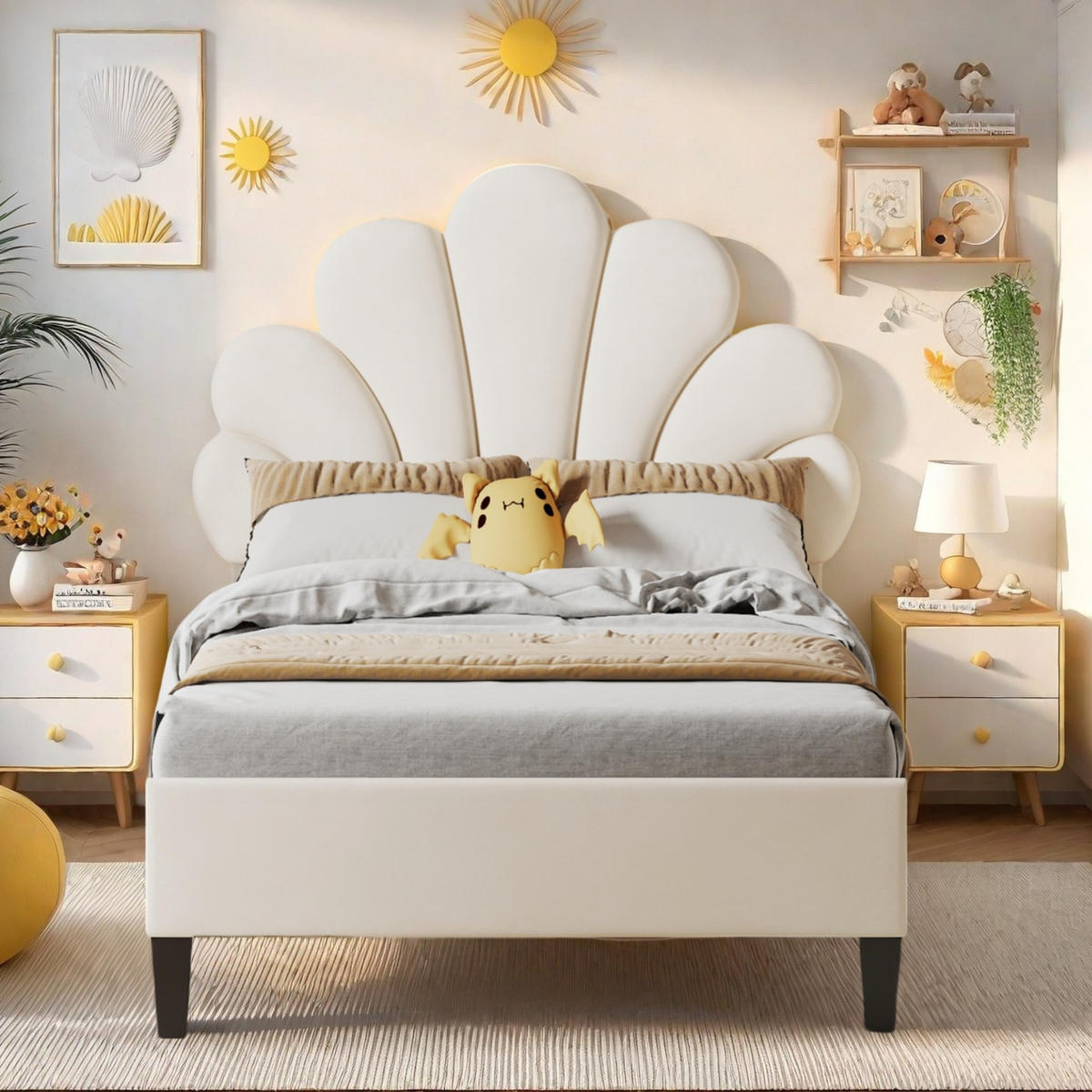 EINZELBETT 90x200 cm aus Samt in Beige, luxuriöses Kinderbett in Muschel-Optik, weiches Jugend-Polsterbett mit Lattenrost - Beige, Holzwerkstoff (90/200cm) - Brevoria