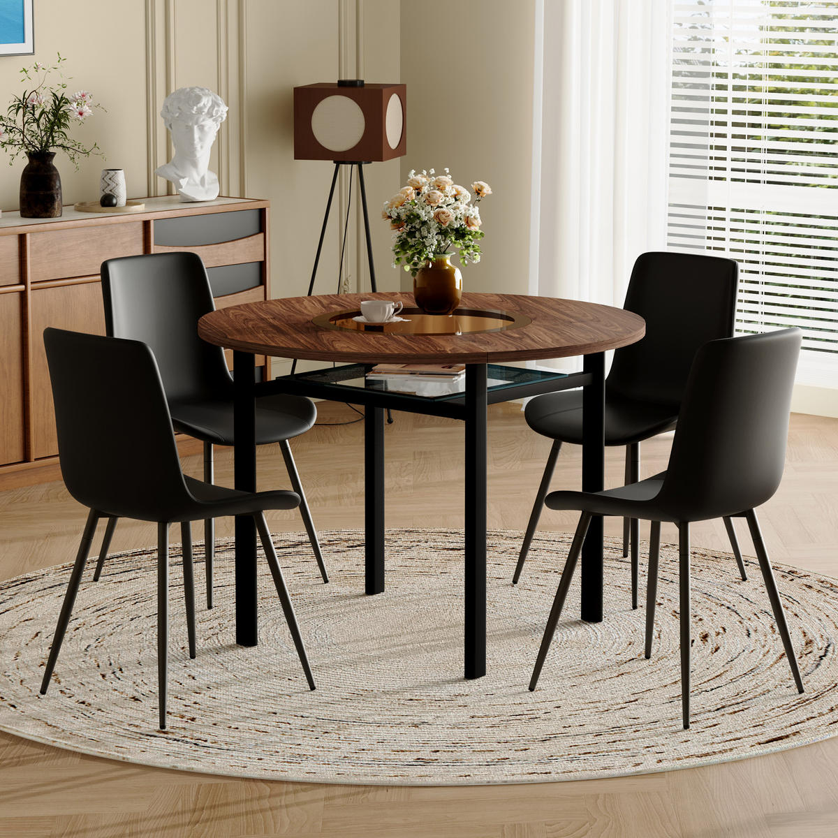 ESSGRUPPE DE-39352 5-teilig, rund mit 4 PU-Sesseln Schwarz - Schwarz, Metall (100/76/100cm) - ComfortXL
