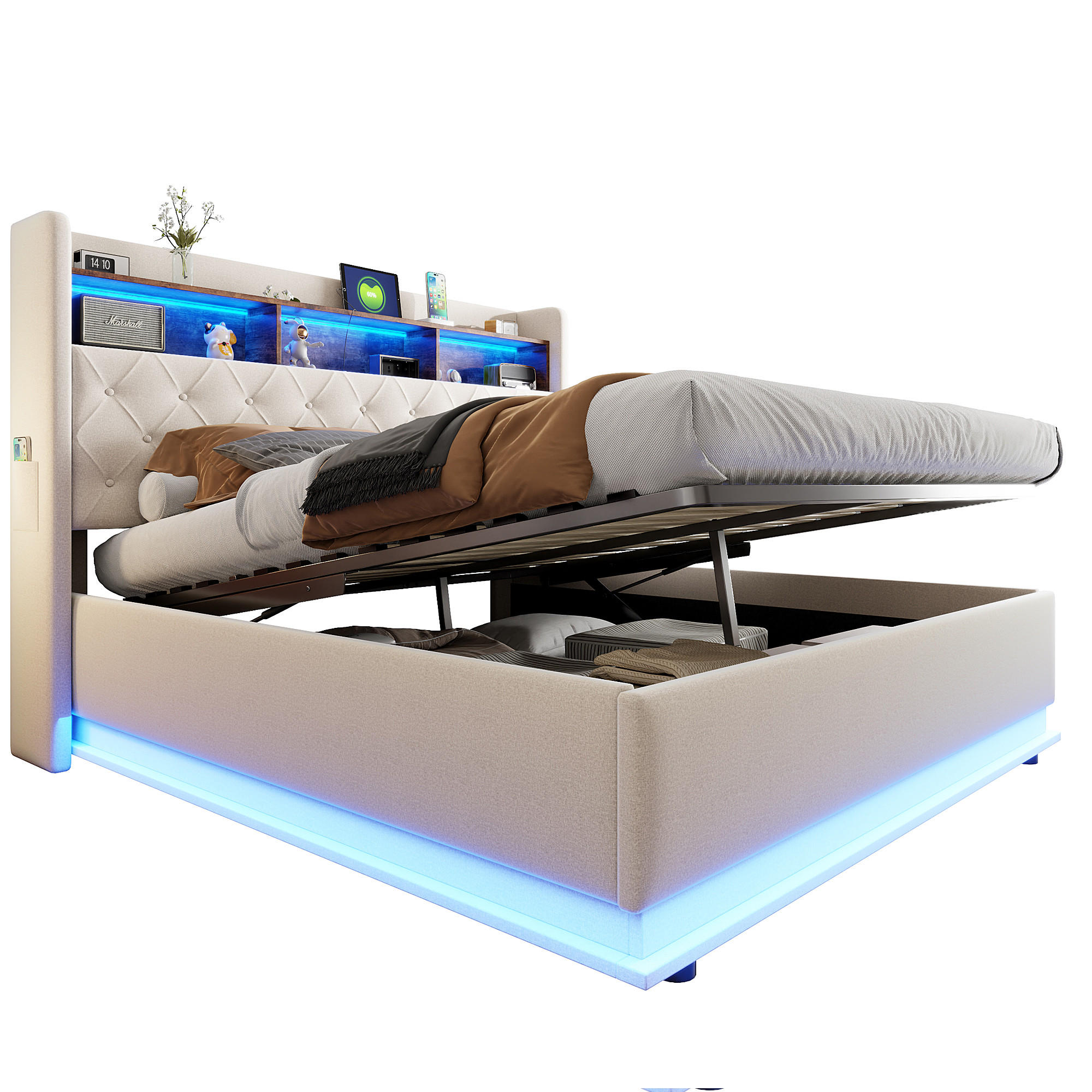 POLSTERBETT 180x200 cm LED USB Stauraum grau - Grau, Textil (180/200cm) - LEBENLANG