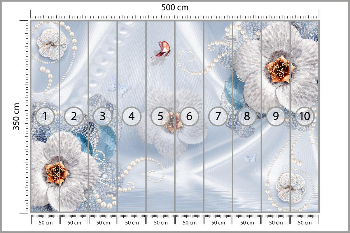 FOTOTAPETE für Schlafzimmer Blumen Perlen Schmetterlinge Blau 500x350 - Blau/Gelb, Papier (500/350cm) - Muralo