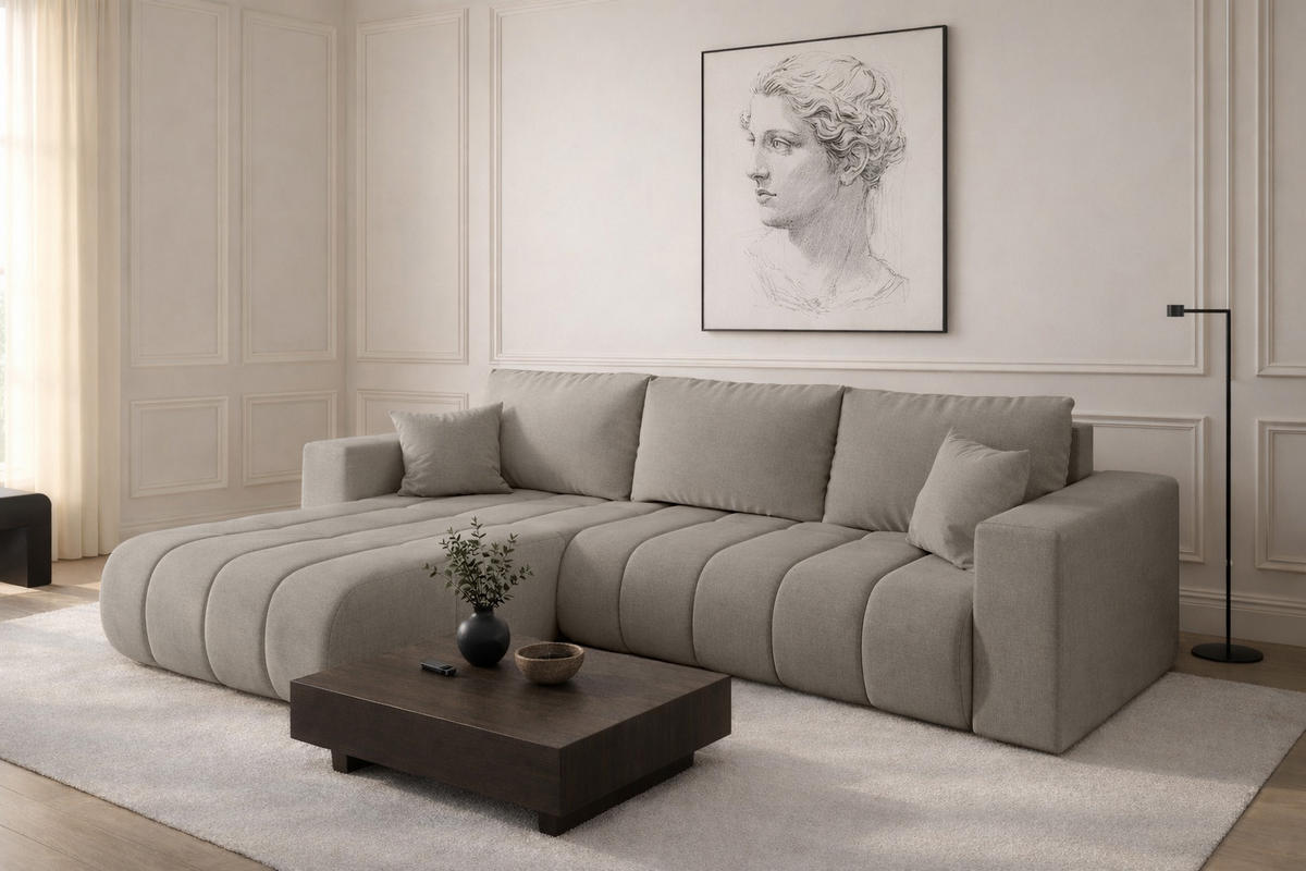 ECKSOFA mit schlaffunktion und bettkasten MILO PREMIUM, stoff WIND, Sandgrau, Links - Sandfarben, Holz (280/190cm) - Kaiser Möbel