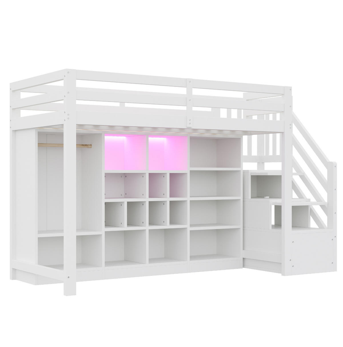 VISOKI krevet 90 x 200 cm s integriranim spremištem, LED rasvjetom i bočnim ljestvama, Bijela - bijela, drvni materijal (90/200cm) - Redom