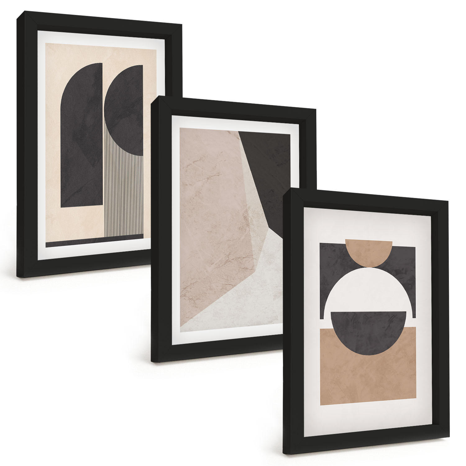 BILDER SET 3er Set - 20x30 cm Schwarzer Rahmen - Abstrakte Formen beige braun - Schwarz, Kunststoff (20/30cm) - TULUP