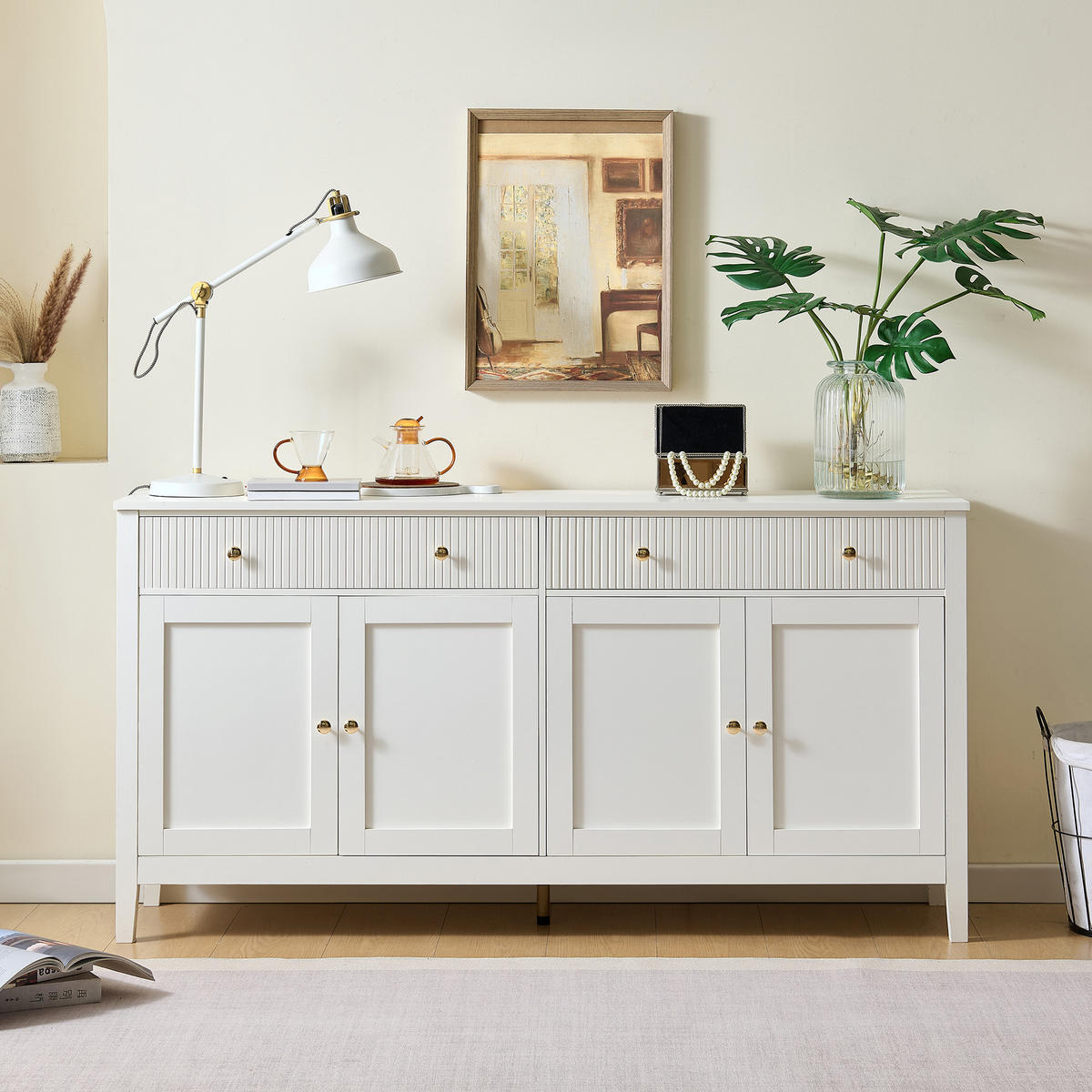 SIDEBOARD mit zwei Schubladen und vier Türen, goldene Griffe - Weiß - Weiß, Holz (39/82/160cm) - KOMHTOM