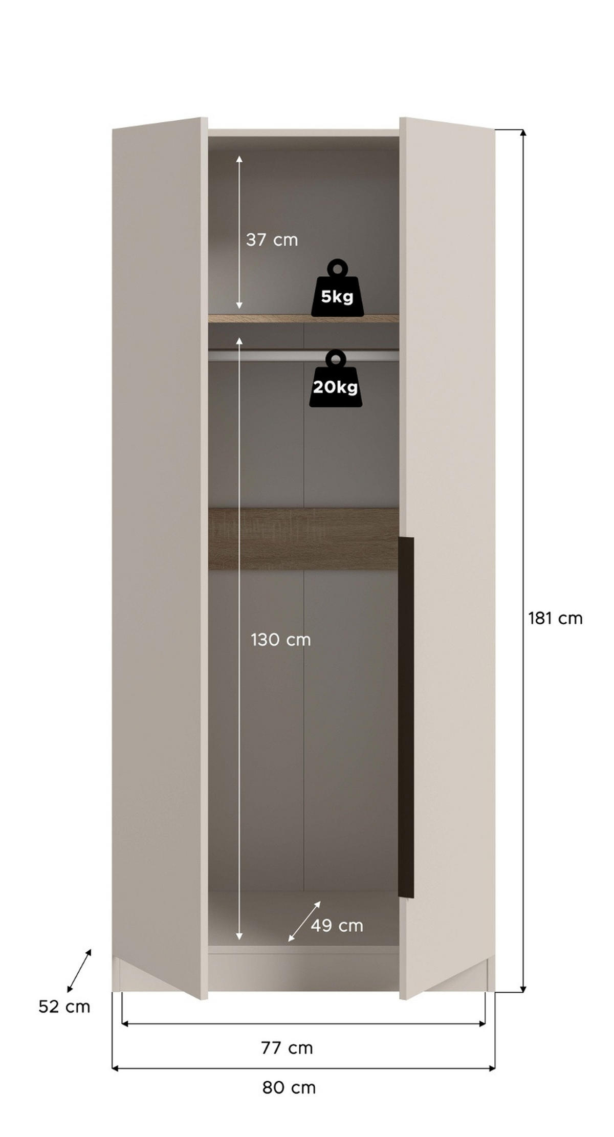 KLEIDERSCHRANK kaschmir 80 x 181 cm, Drehtürenschrank 2-türig - Kaschmir/Schwarz, Holzwerkstoff/Kunststoff (80/181/52cm) - Inn.Furn