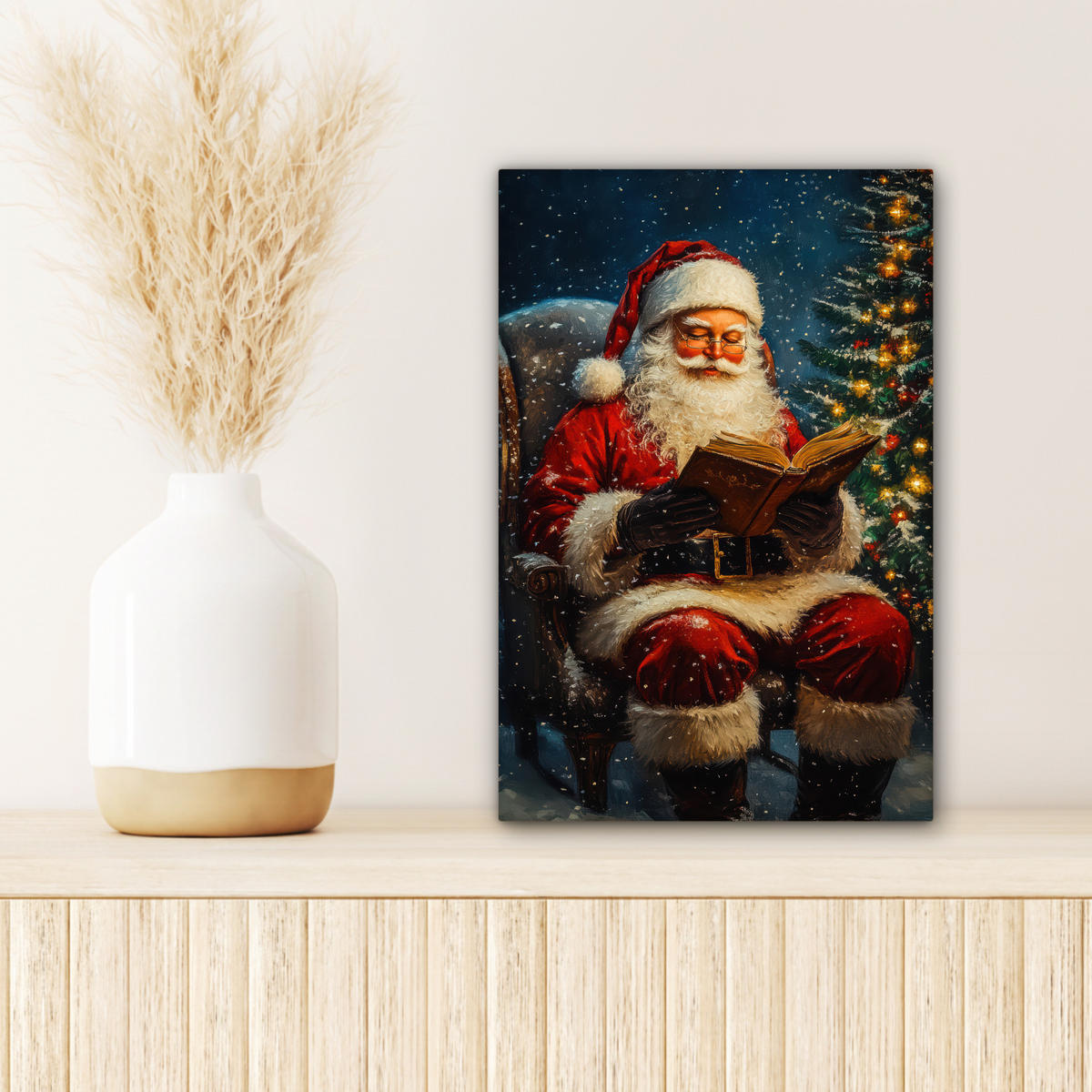 LEINWANDBILD Weihnachtsmann - Weihnachten - Winter - Weihnachtsbaum Deko Wohnzimmer 20x30 cm - Bordeaux, Textil (20/30cm) - MuchoWow