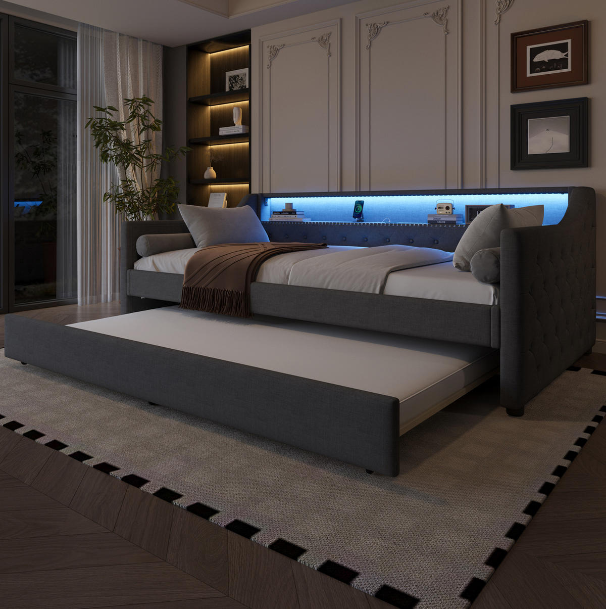 POLSTERBETT 90/200 cm Grau aus Leinen und MDF mit Ausziehbett, LED-Beleuchtung und USB-Ladeanschluss - Grau, Textil (90/200cm) - OKMYHOME