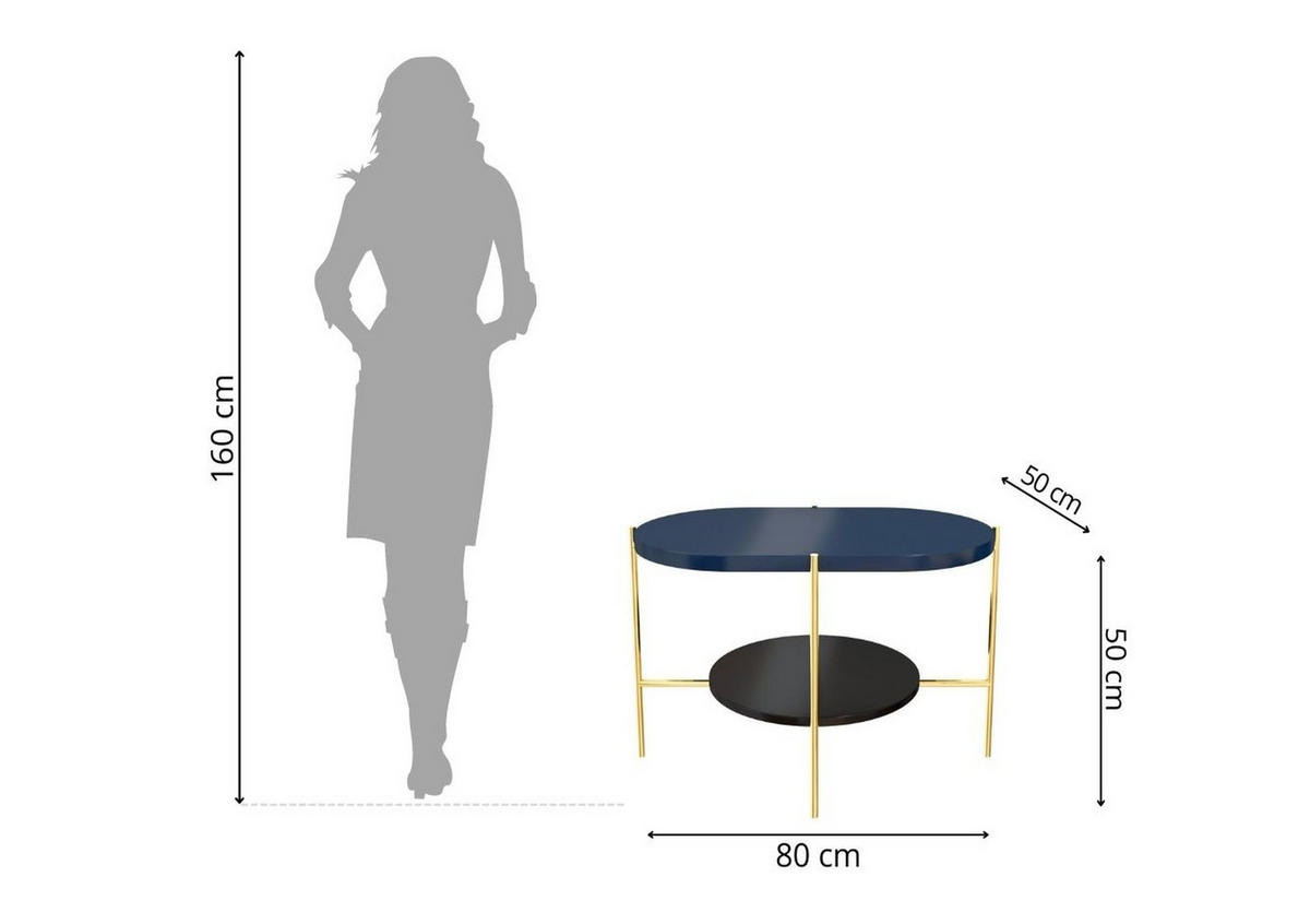 COUCHTISCH Arena, Marineblau, Gold, Oval - Goldfarben/Schwarz, Holzwerkstoff/Metall (50/80/50cm) - Dancan