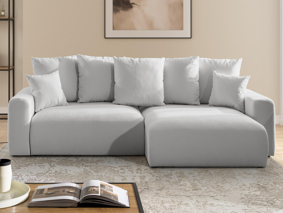 ECKSOFA Calma mit Schlaffunktion und Bettkasten im Bumpy-Design aus weichem Grau Webstoff - Ottomane rechts - Schwarz/Grau, Holz/Kunststoff (140/239cm) - S-Style