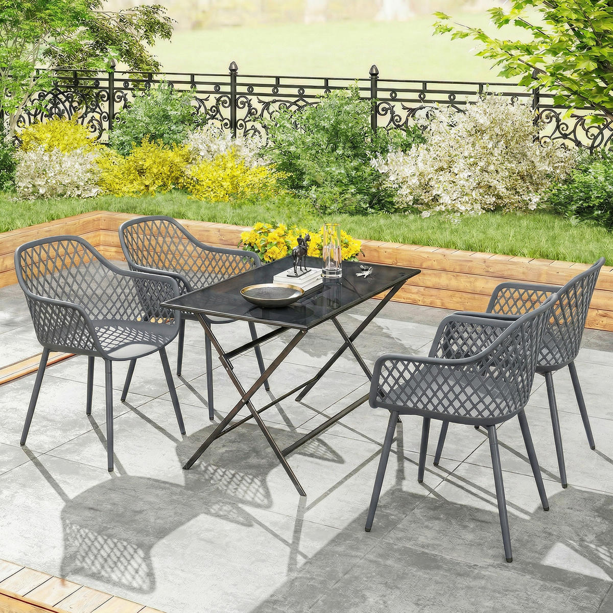 GARTENSTUHL 4er Set UV-beständige Gartenstühle aus Kunststoff mit Armlehne Rückenlehne 56 x 51 x 84 cm Dunkelgrau - Dunkelgrau, Metall (56/84/51cm)