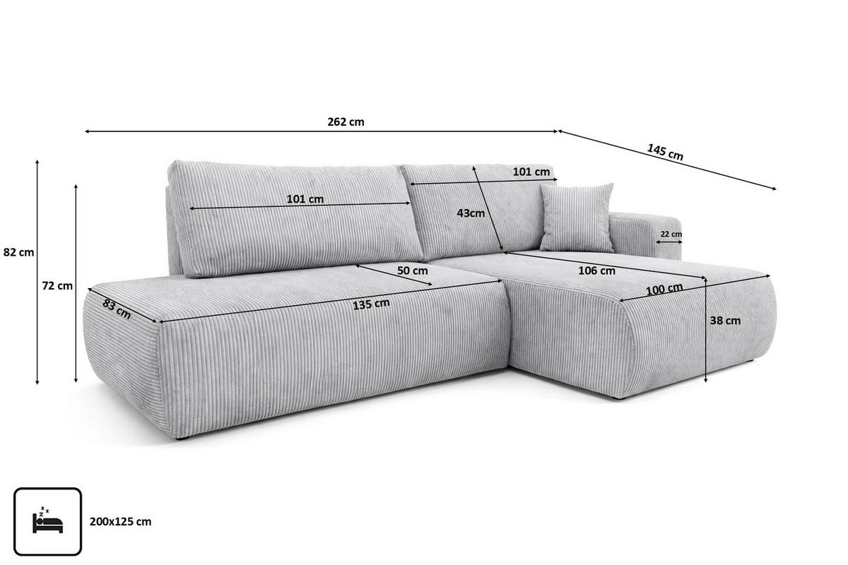 ECKSOFA Mit Schlaffunktion Und Bettkasten, Cordstoff Poso, Hellgrau, Rechts, OPEN XL - Hellgrau, Holz (262/145cm) - Kaiser Möbel