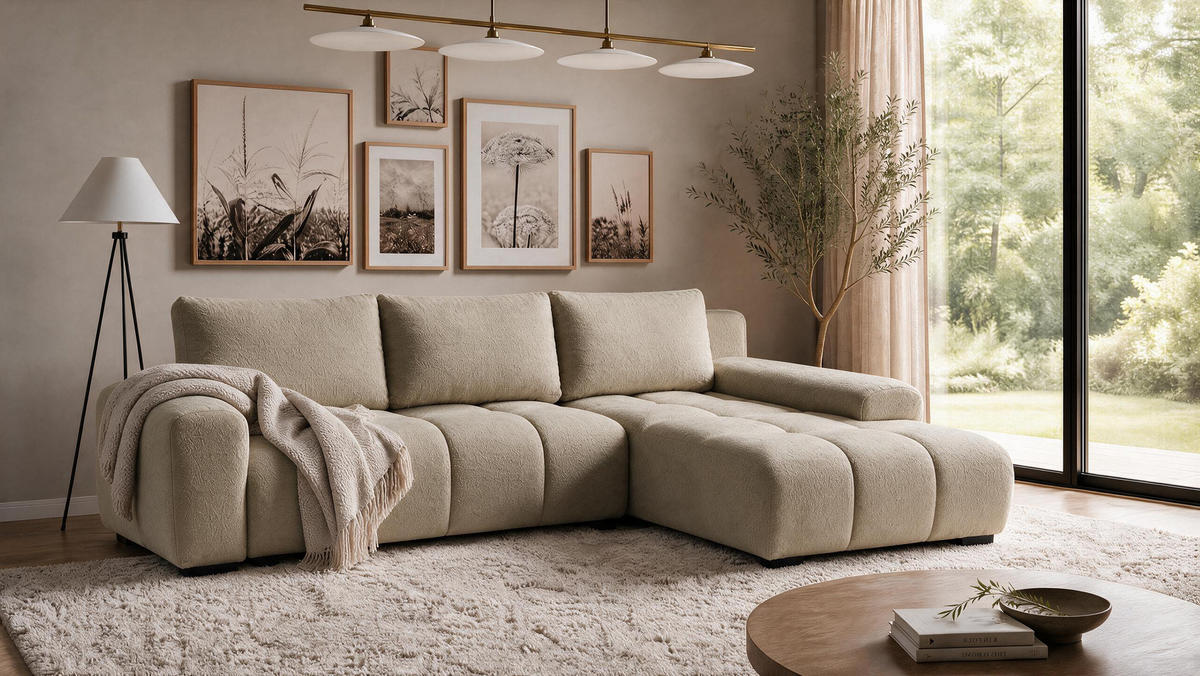ECKSOFA Ovia mit Bettkasten und Schlaffunktion, Bouclé-Stoff in L-Form - Cappuccino, Textil (270/185cm)