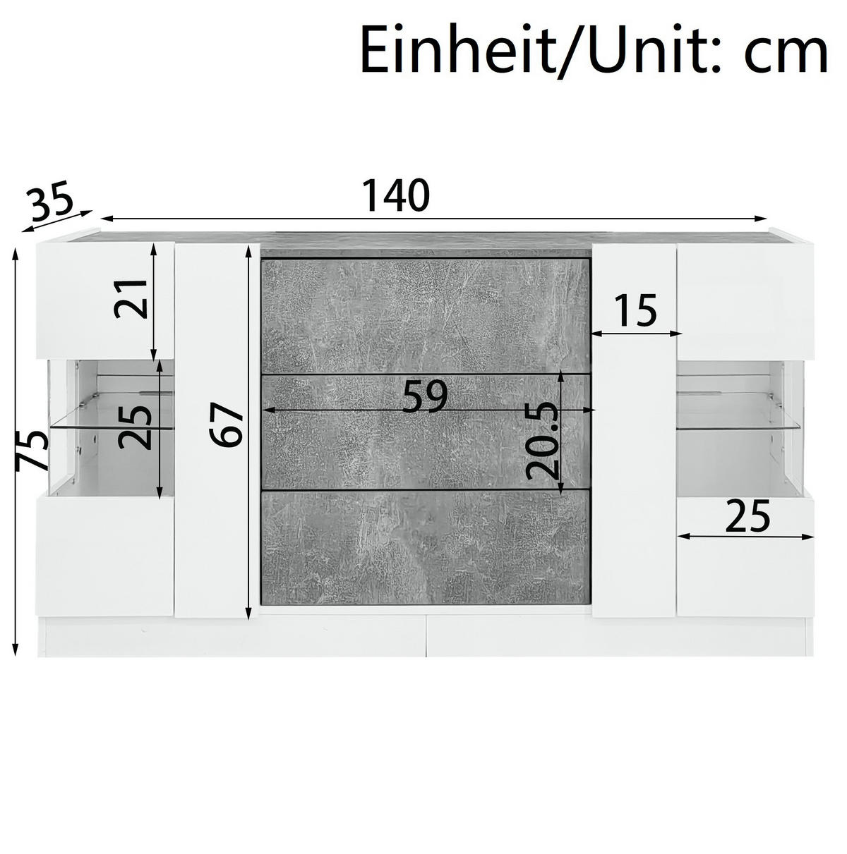 SIDEBOARD 140x35x75 cm Weiß mit grauer Marmoroptik, LED-Beleuchtung, 2 Türen und 3 Schubladen - Weiß, Holzwerkstoff (140/75/35cm) - IVMEU